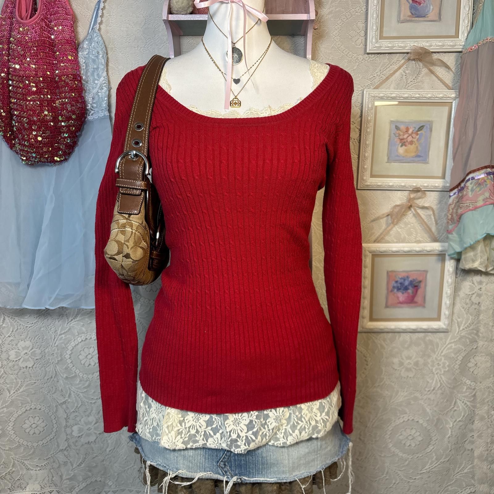 Other y2k elena gilbert red cable knit fitted sweater Size L / US 10 / IT 46 - 3 Thumbnail