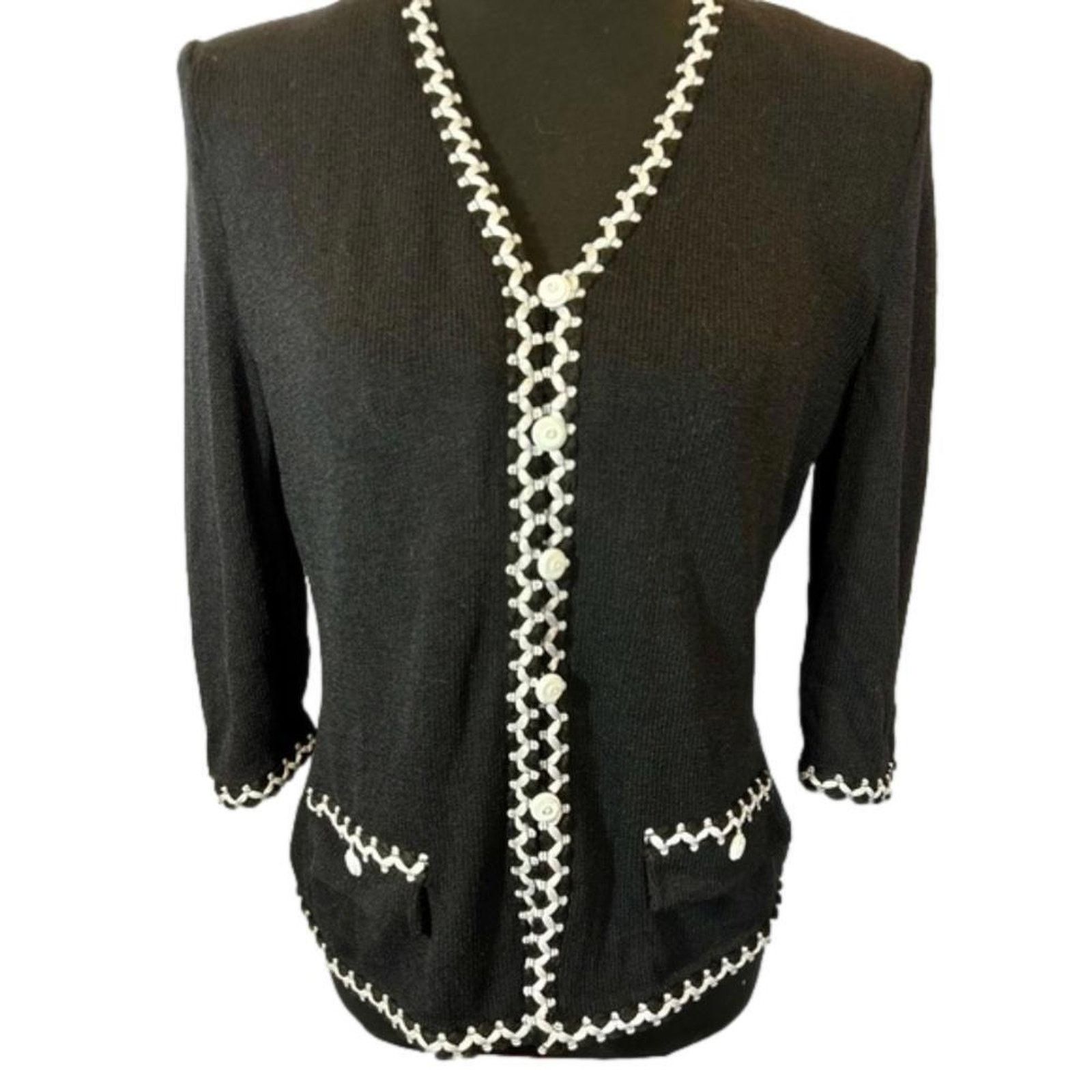 St. John St John Marie Gray Black Knit Cardigan with Contrast Trim Size M / US 6-8 / IT 42-44 - 1 Thumbnail