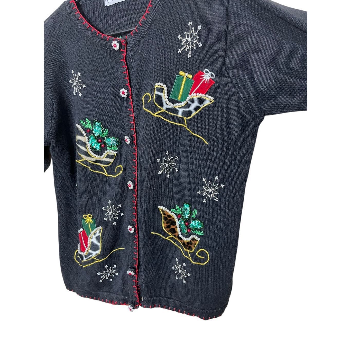Other Vintage BP Design Christmas Cardigan Leopard Fur Sleighs Seq Size S / US 4 / IT 40 - 6 Thumbnail