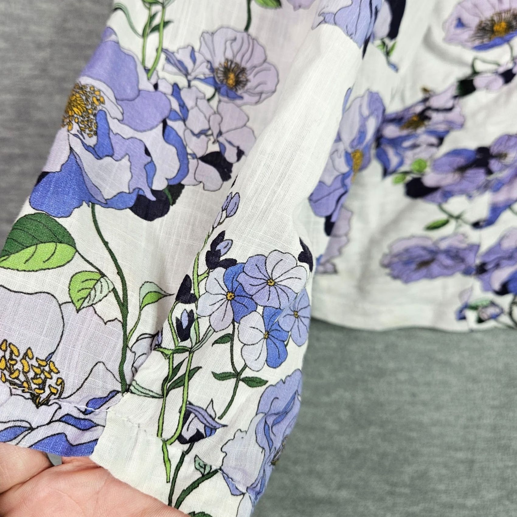 Vintage Maeve Women’s V-neck Ruched Knit Purple Floral Peplum Top M, 3/4 Sleeve, Cotton Blend, Regular Fit, All Seasons, Machine Washable, Blouse Size M / US 6-8 / IT 42-44 - 3 Thumbnail