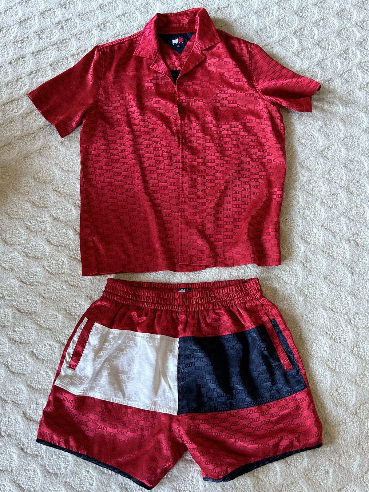 image of Kith x Tommy Hilfiger Button Up And Bathing Suit Set in Red, Men's (Size Large)