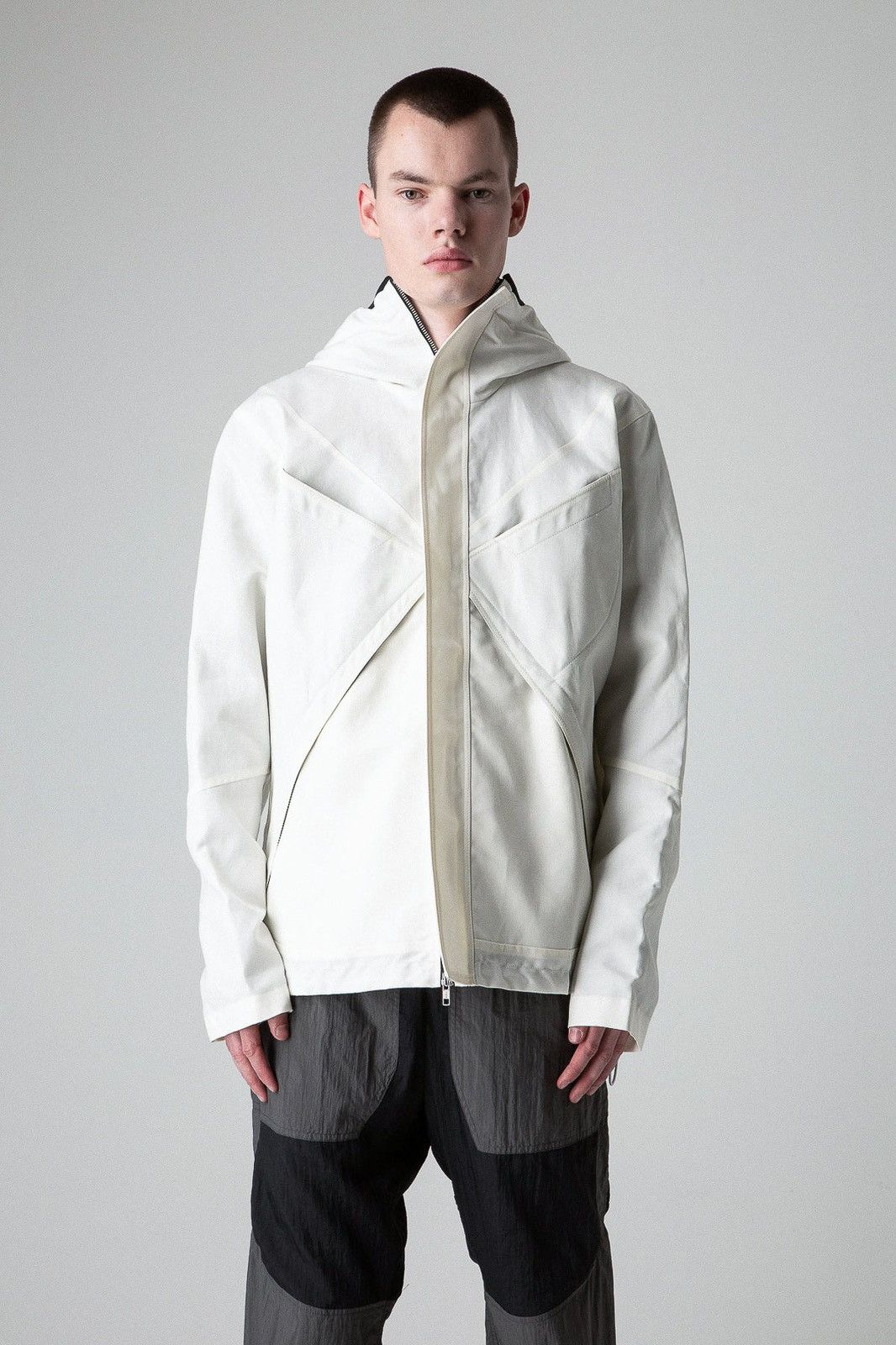 image of Arnar Mar Jonsson $1,330 Ljos Blend Mask Hood Parka Jacket in White, Men's (Size Medium)