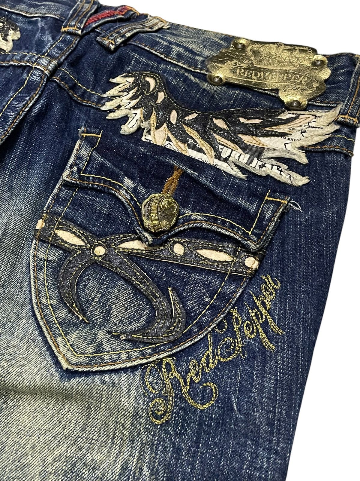 Japanese Brand × LOWBOX × semanticdesign Red Pepper Japan Leather Feather Wings Mud Wash Flare Jeans Size US 30 / EU 46 - 7 Thumbnail