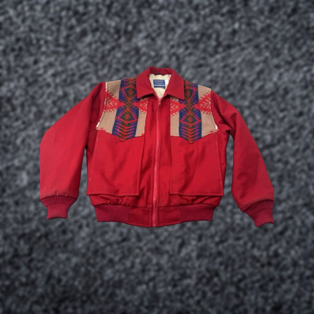 Pendleton VINTAGE Pendleton Jacket Mens M Red Wool Aztec Navajo High Grade Western USA Bomber Jacket Full Zip Pockets 90s Tribal USA Mens Size US M / EU 48-50 / 2 - 1 Thumbnail