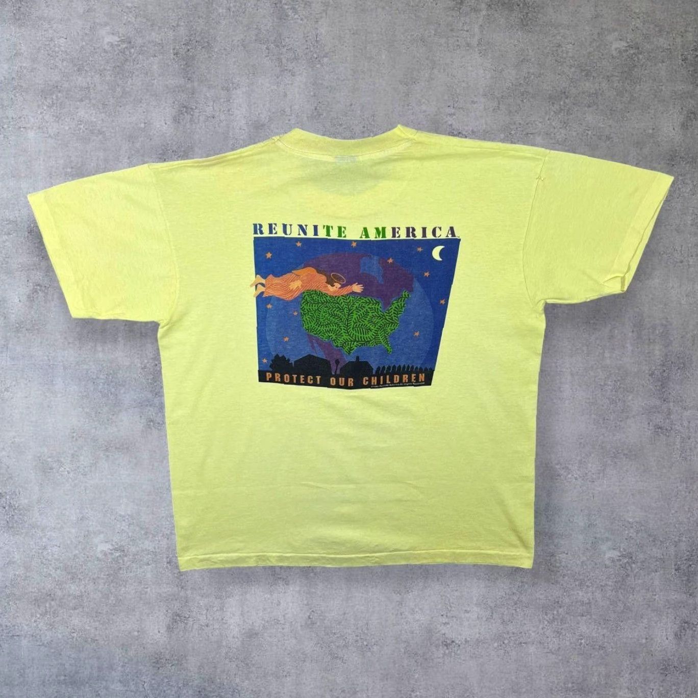 Fruit Of The Loom VINTAGE Fruit of the Loom T-Shirt 90s Reunite America Protect Our Children Graphic Single Stitch XL Yellow Mens Size US XL / EU 56 / 4 - 2 Thumbnail