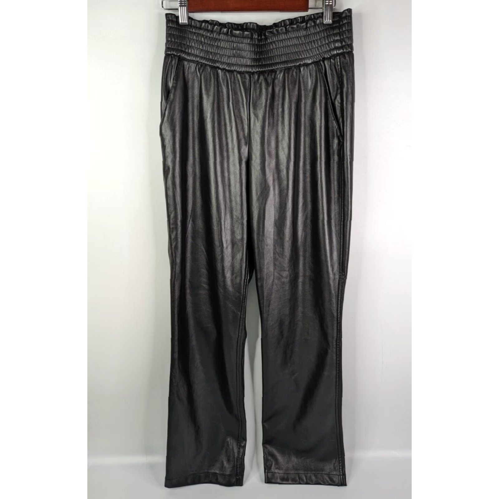 Joie JOIE Black Pants Leather Style Elastic Waist Faux Leather Smocked Waist Regular Womens Medium Casual Straight Front Full Length Size 32" / US 10 / IT 46 - 2 Thumbnail