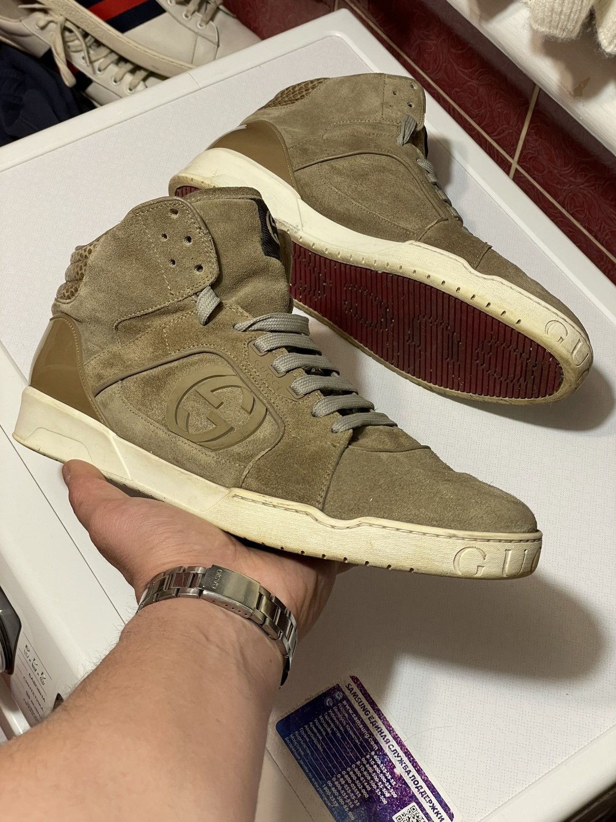 Gucci high-top suede sneakers from the Italian fashion house Gucci Size US 12 / EU 45 - 1 Thumbnail