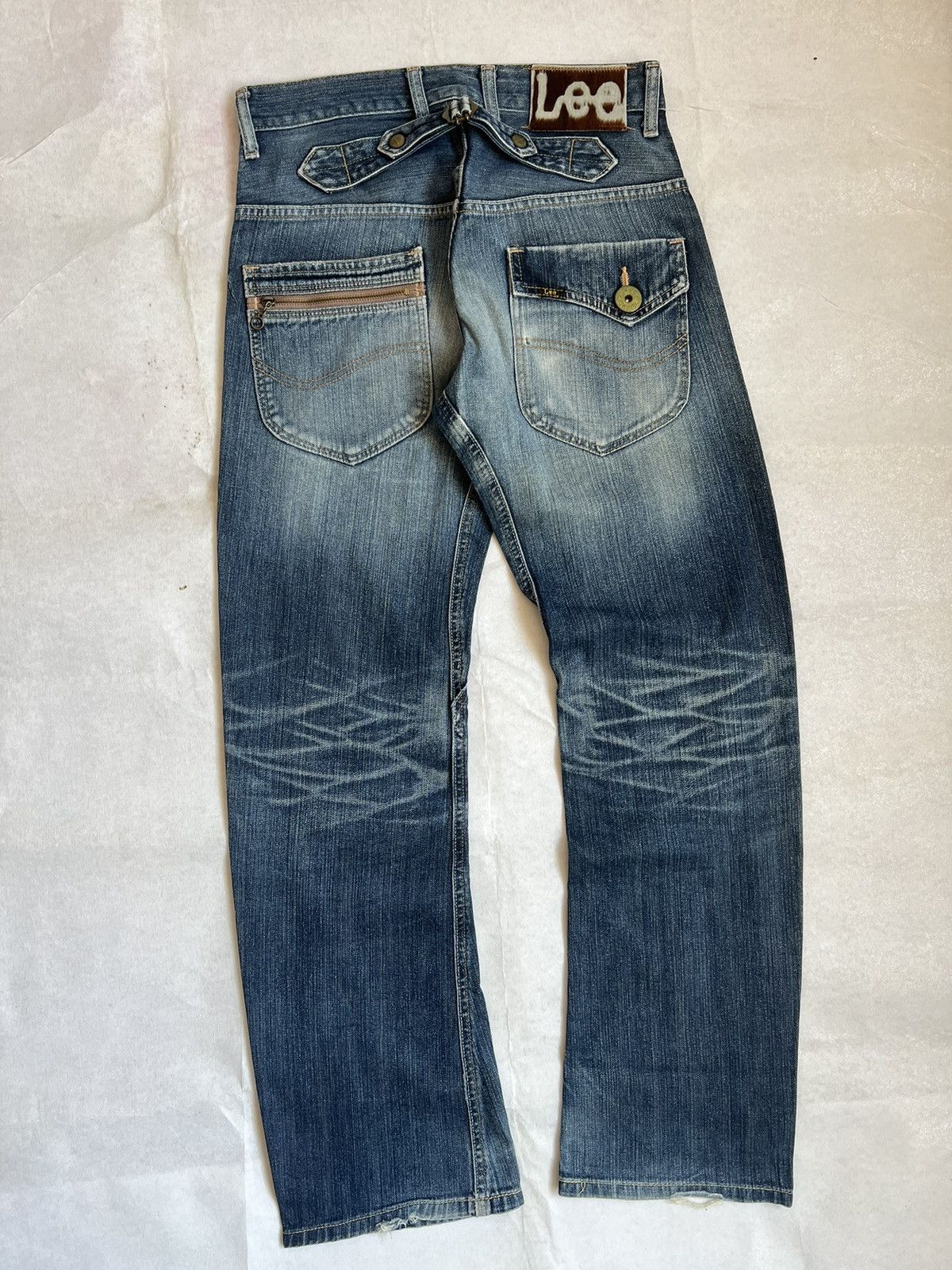Lee Lee Cowboy Buckle Back Blue Wash Fading Distressed Denim Size US 31 - 3 Thumbnail