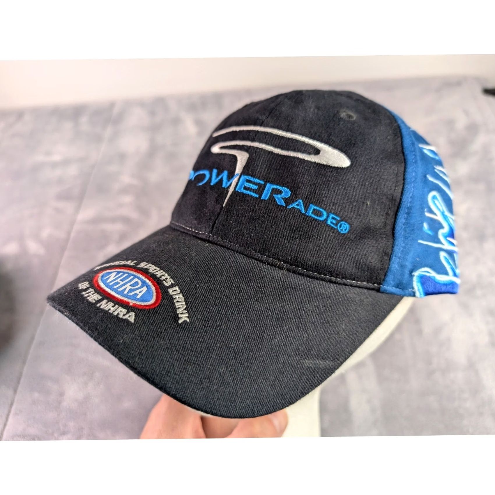 Vintage VINTAGE NHRA Powerade Official Sports Drink Hat Main Gate Black Blue Flame Splash Cap Baseball Cap Men One Size Twill Cotton Adjustable Cap Size ONE SIZE - 3 Thumbnail