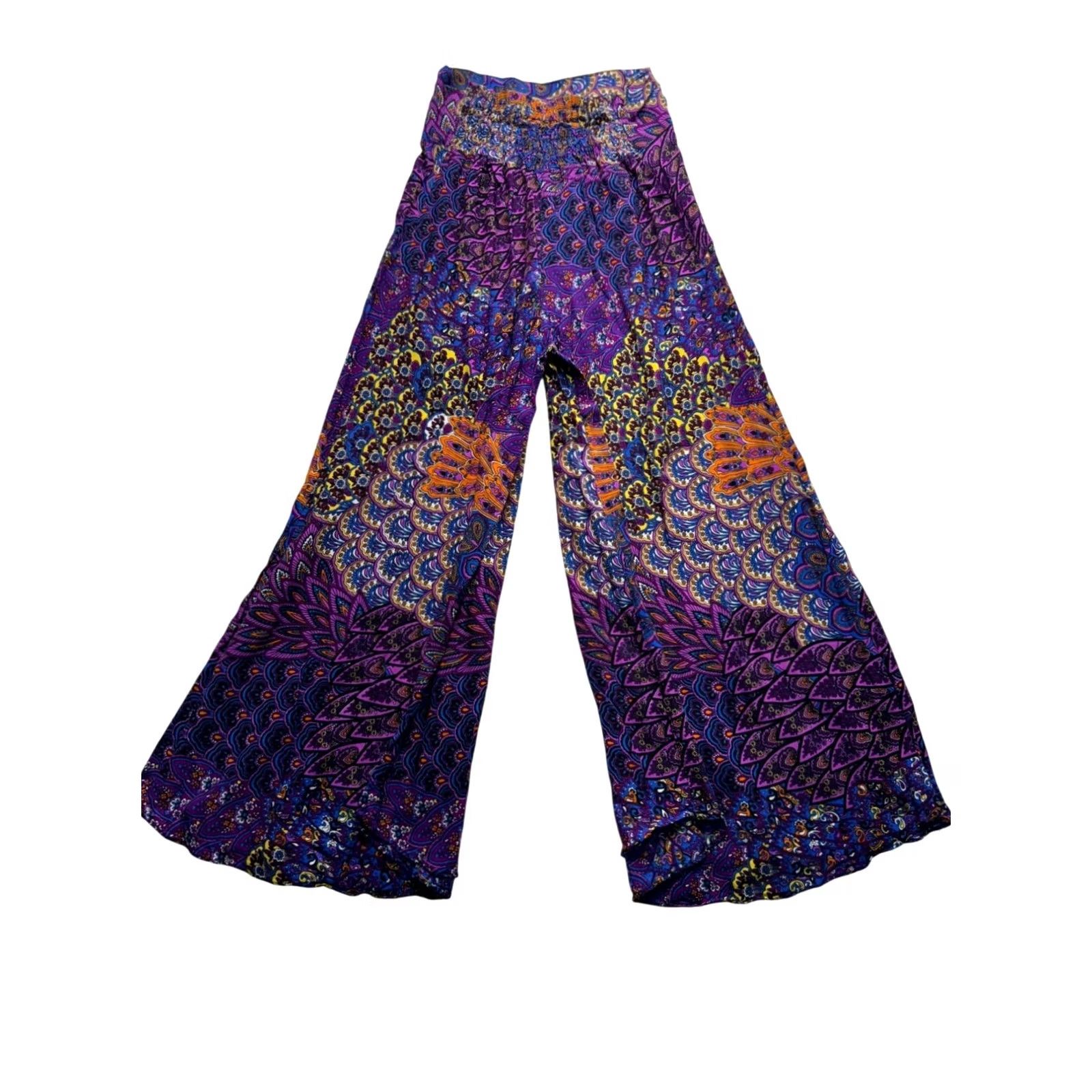 Vintage Women’s Flowy Hippie Pants Pant Wide-Leg Purple M Womens Hillary Harem Rayon Paisley Hippie 90s Style Planned Womens Size 32" / US 10 / IT 46 - 2 Thumbnail