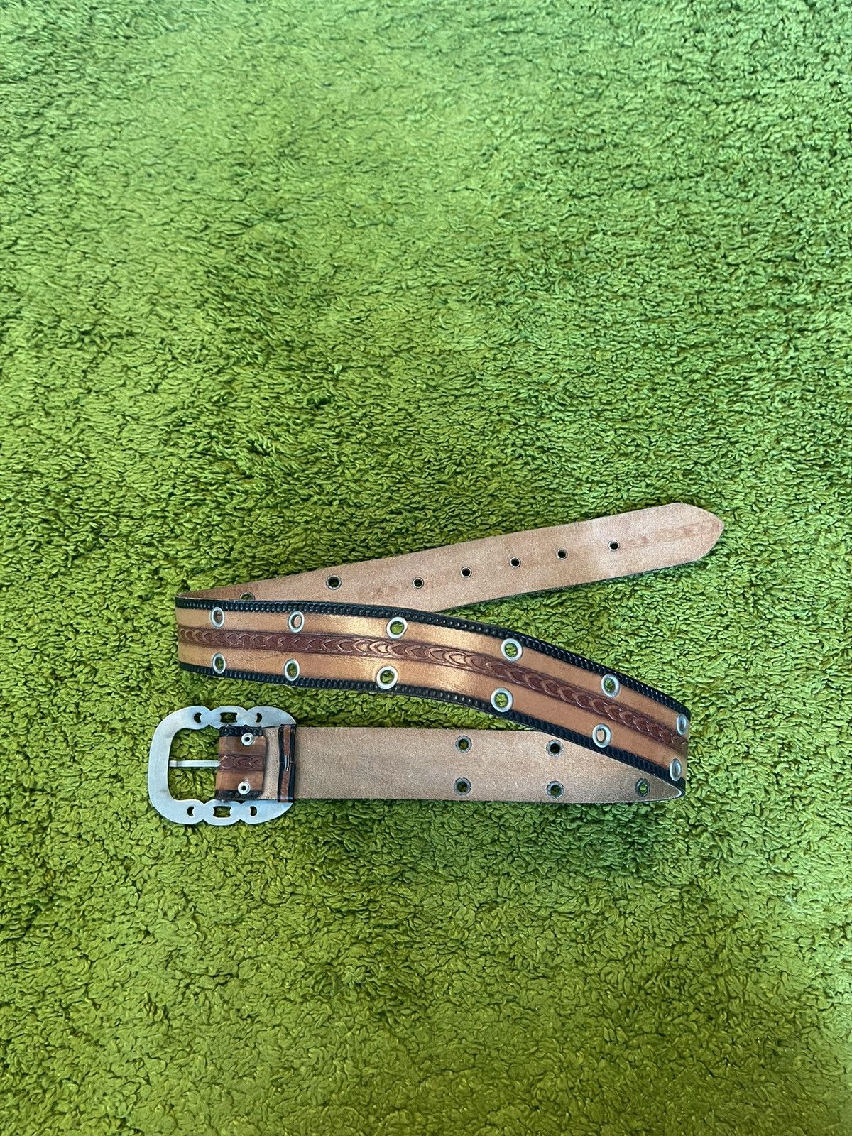 Cowboy Equipment × Genuine Leather × Vintage Western Cowboy style real leather chain pattern buckle belt Size 34 - 6 Thumbnail