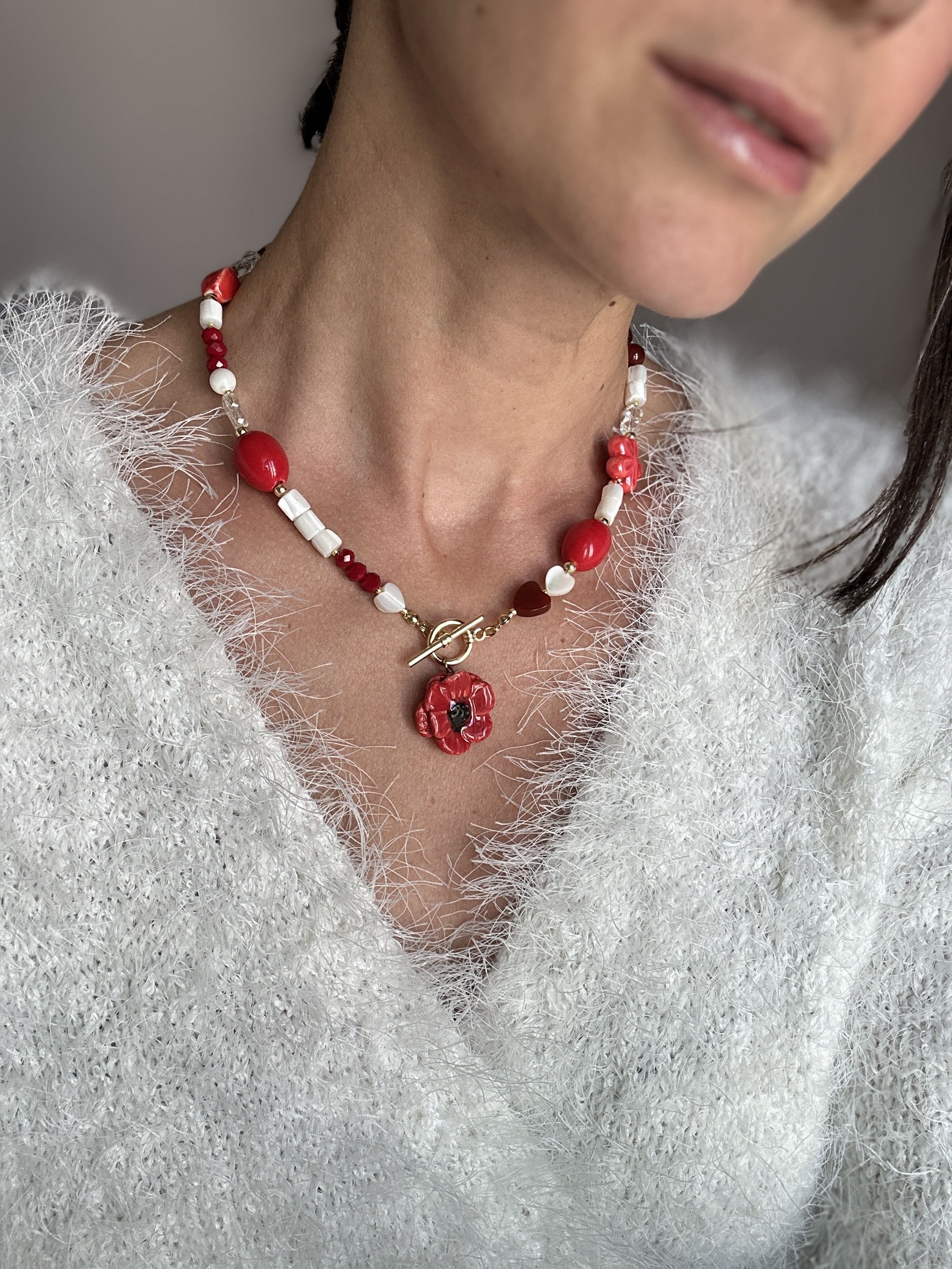 Other Handmade Ceramic Poppy Necklace – Floral Jewelry Size ONE SIZE - 4 Thumbnail