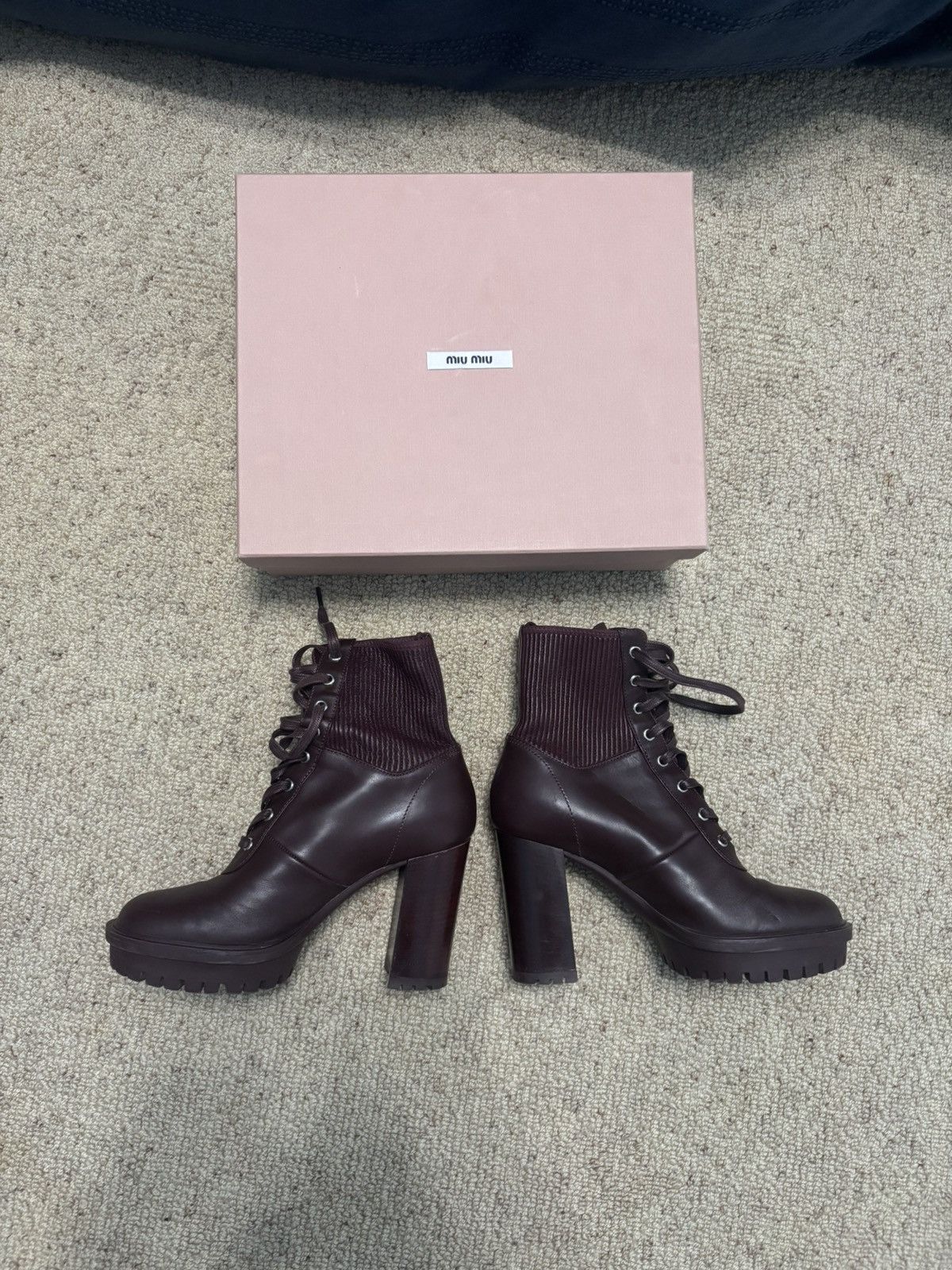 Miu Miu Miu Miu 5XP561 Lace-Up Ankle Boots Nero + Granato Burgundy Size US 7.5 / IT 37.5 - 1 Thumbnail