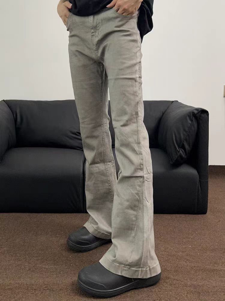 Washed Gray Tie-Dye Micro Flare Casual Denim Trousers