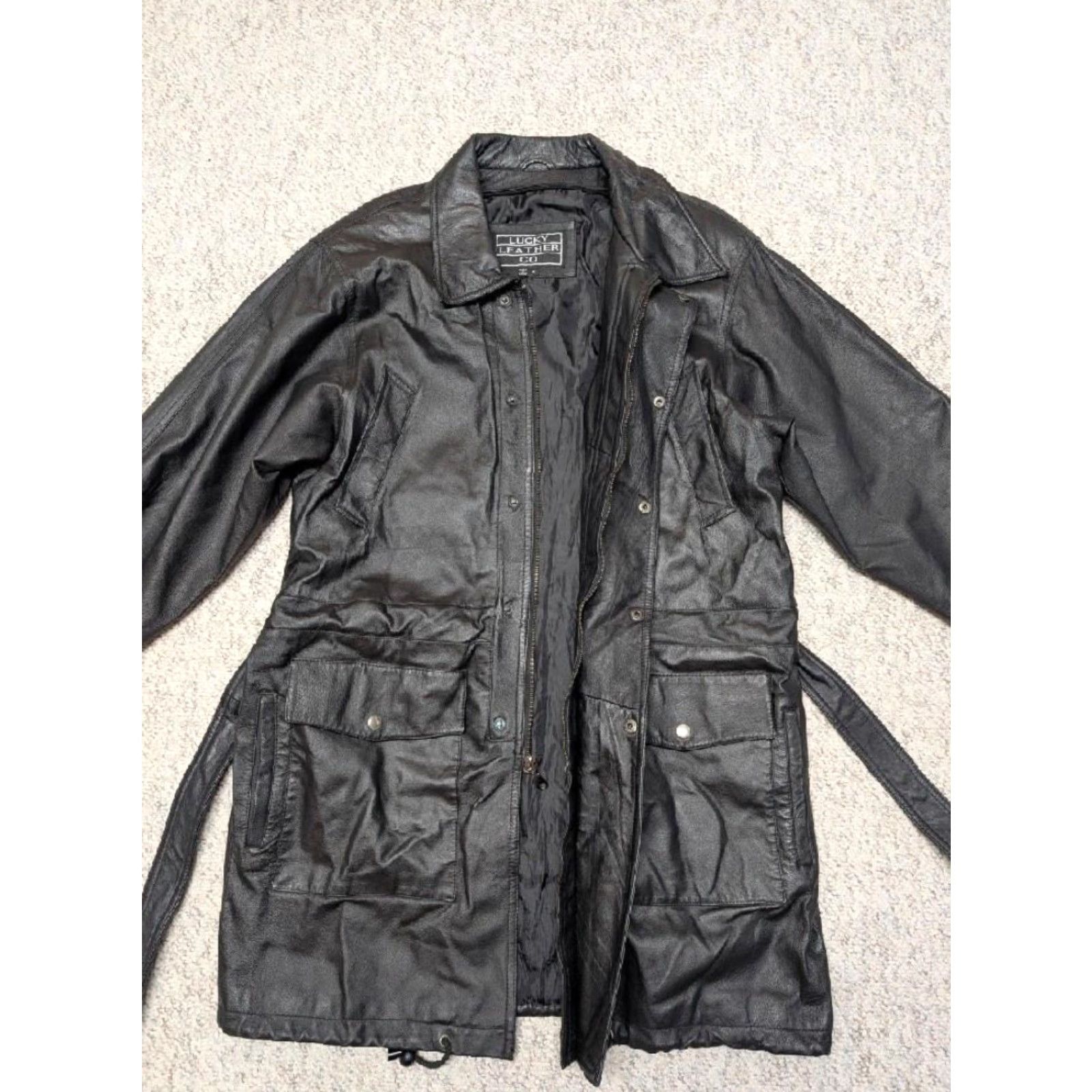 Vintage VINTAGE 1990s black leather overcoat belted trench coat M Mens Coat 42-44 overcoat belt snap zip Size US M / EU 48-50 / 2 - 6 Thumbnail