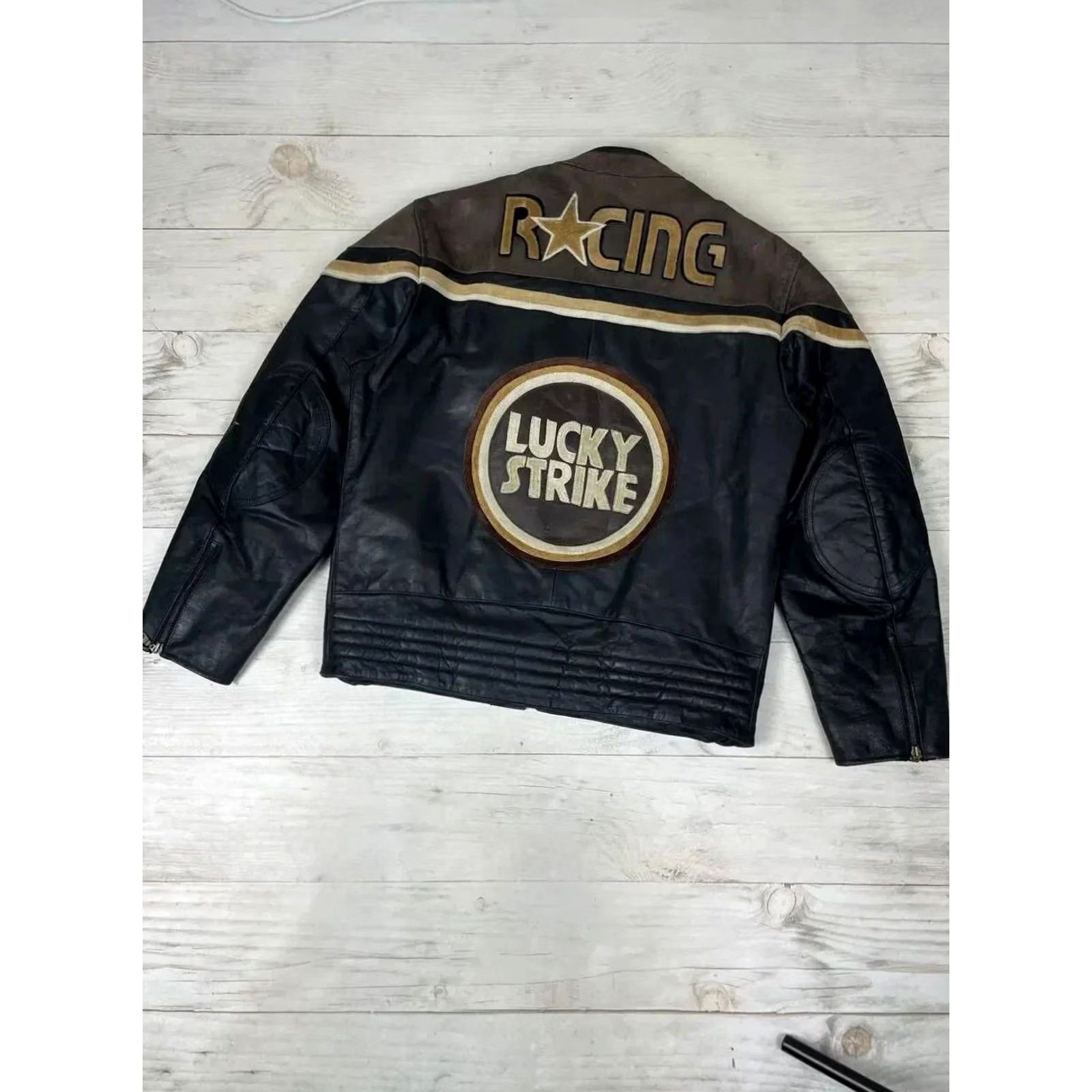 Lucky Brand VINTAGE Lucky Strike 90s Racing Leather Jacket Men XL Black Brown Motorcycle Racing F1 90s Size US XL / EU 56 / 4 - 2 Thumbnail