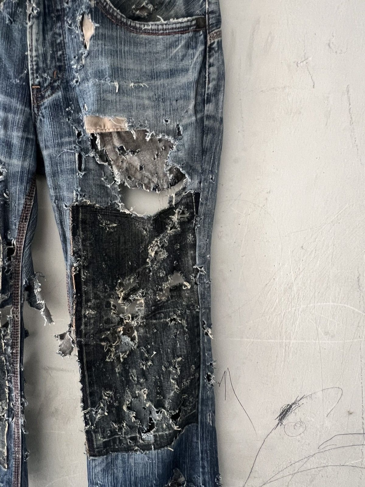 Japanese Brand MUGATAMUGARU THRASHED🔥EDWIN FLARE RIPPED DENIM PANT Size US 32 / EU 48 - 7 Thumbnail