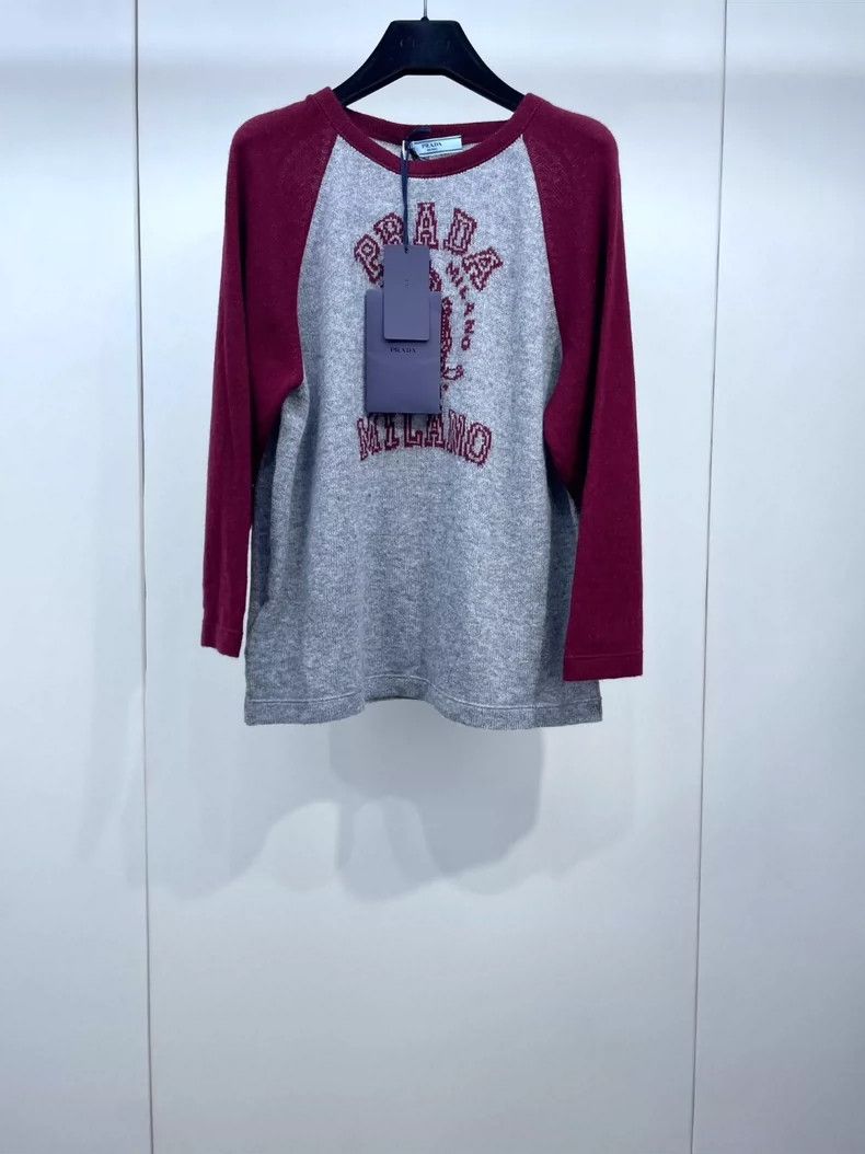 Prada Prada Gray Knit Sweater with Burgundy Sleeves-dmc Size US L / EU 52-54 / 3 - 1 Thumbnail