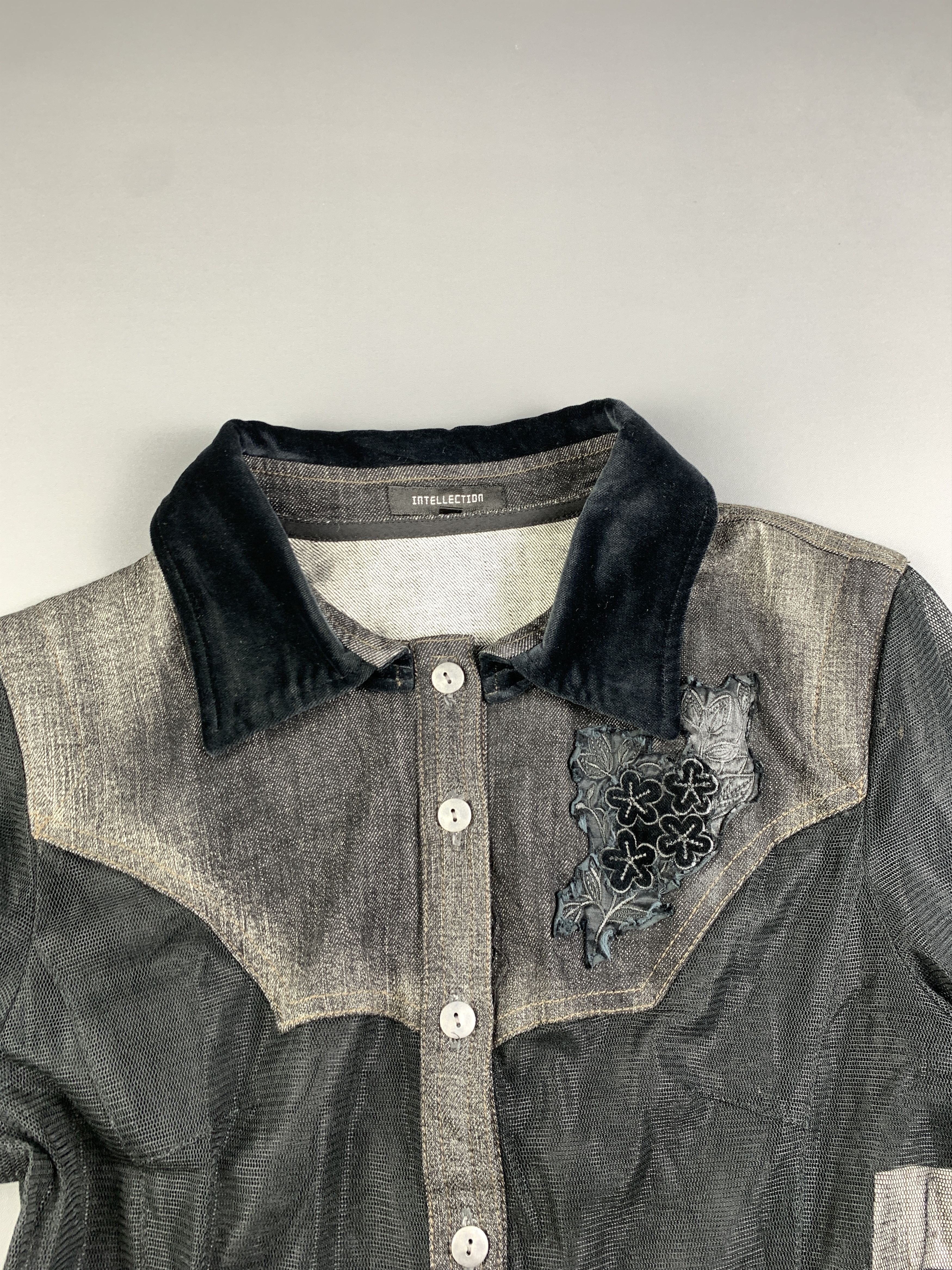 Japanese Brand Intellection Black Multi Fabric Fitted Trucker Jacket (M) Size M / US 6-8 / IT 42-44 - 7 Thumbnail