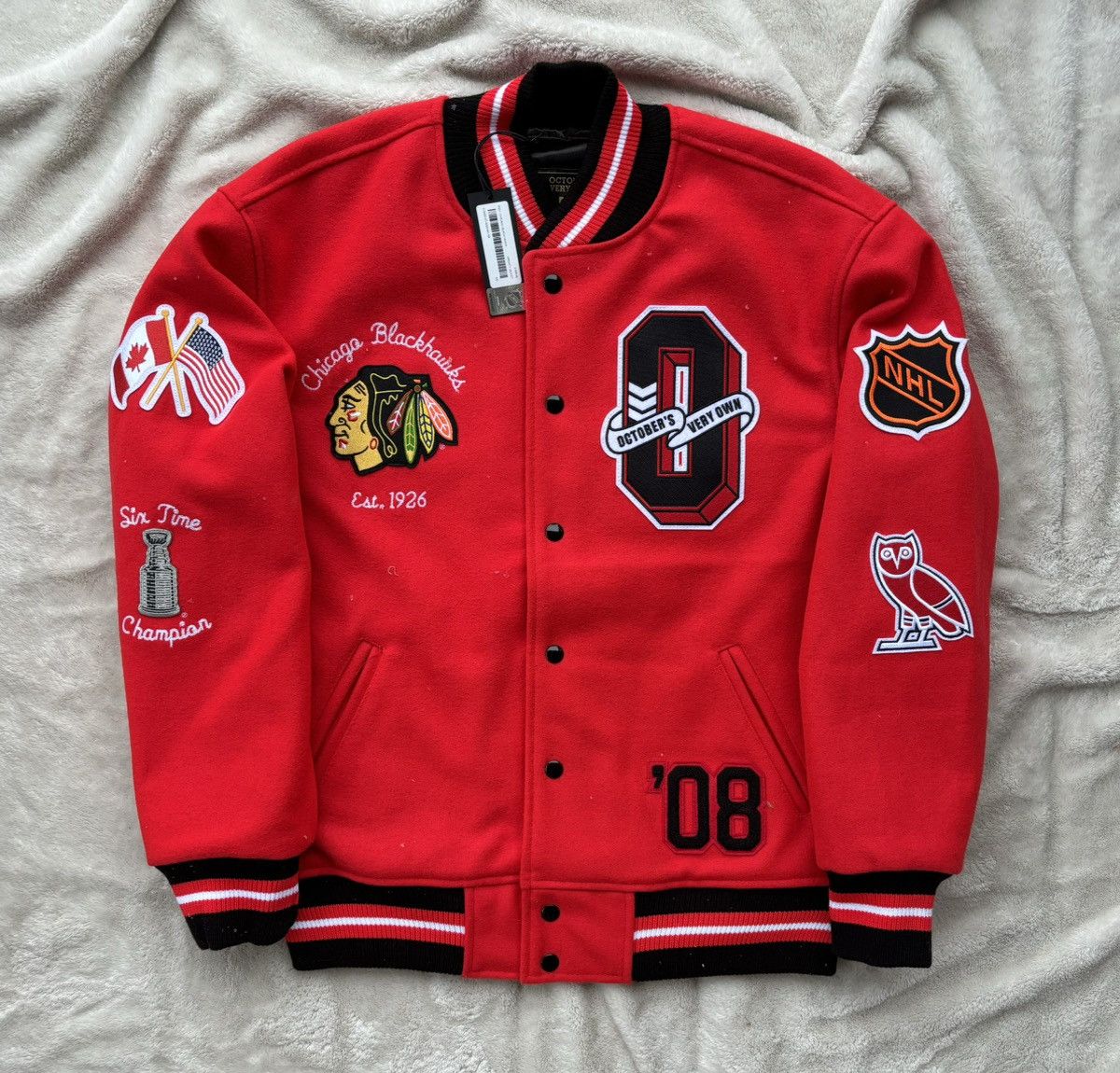 Image of Ovo X Nhl Chicago Blackhawks Varsity Jacket in Red, Men's (Size Small)