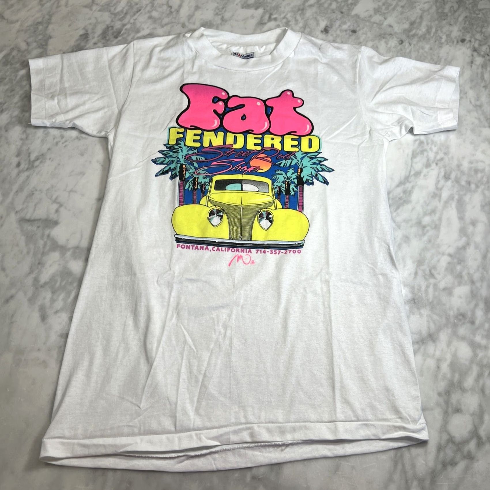 Hanes VINTAGE 1990 Fat Fendered Street Rod Shop T Shirt Small Fontana CA Single Stitch Neon Hanes Mens S White Graphic Tee Mod/GoGo Size US S / EU 44-46 / 1 - 3 Thumbnail