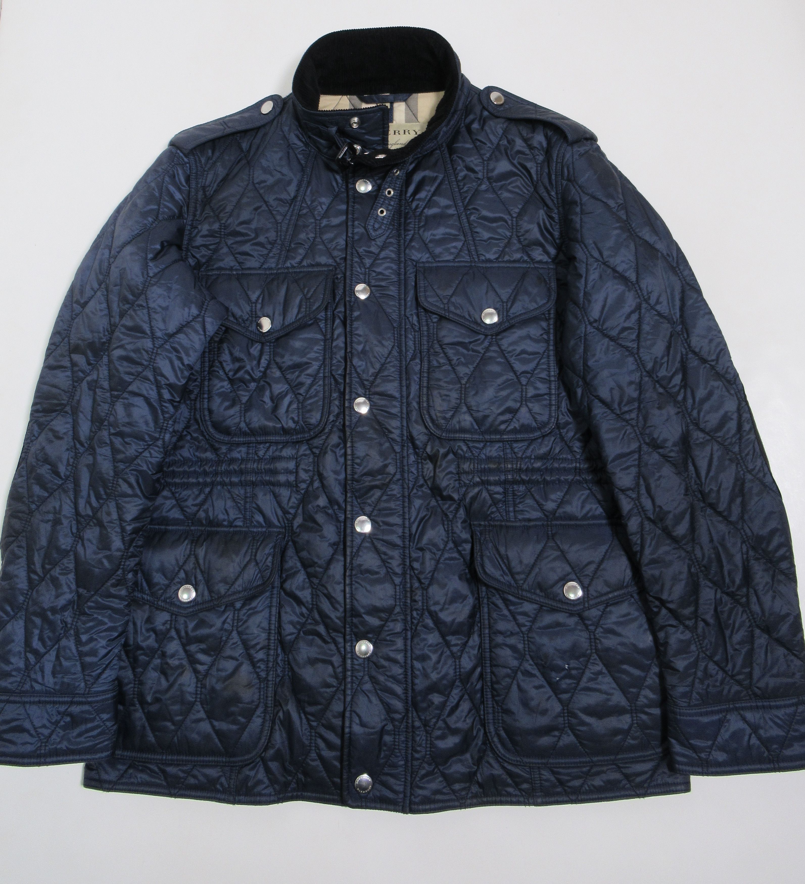 Image of Navy Blue in Burberry Men/s Russell Diamond Quilted Jacket, Men's (Size 2XL)