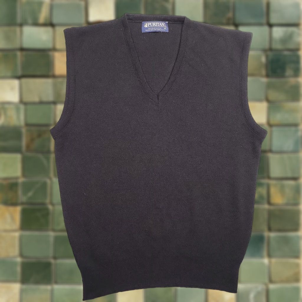 Vintage VINTAGE Puritan Sweater Vest Mens XL Black 100% Orlon Grandpa V Neck Made in USA Vest Men XL Black Classic American Pattern Solid Sleeveless Knit Size US XL / EU 56 / 4 - 1 Thumbnail