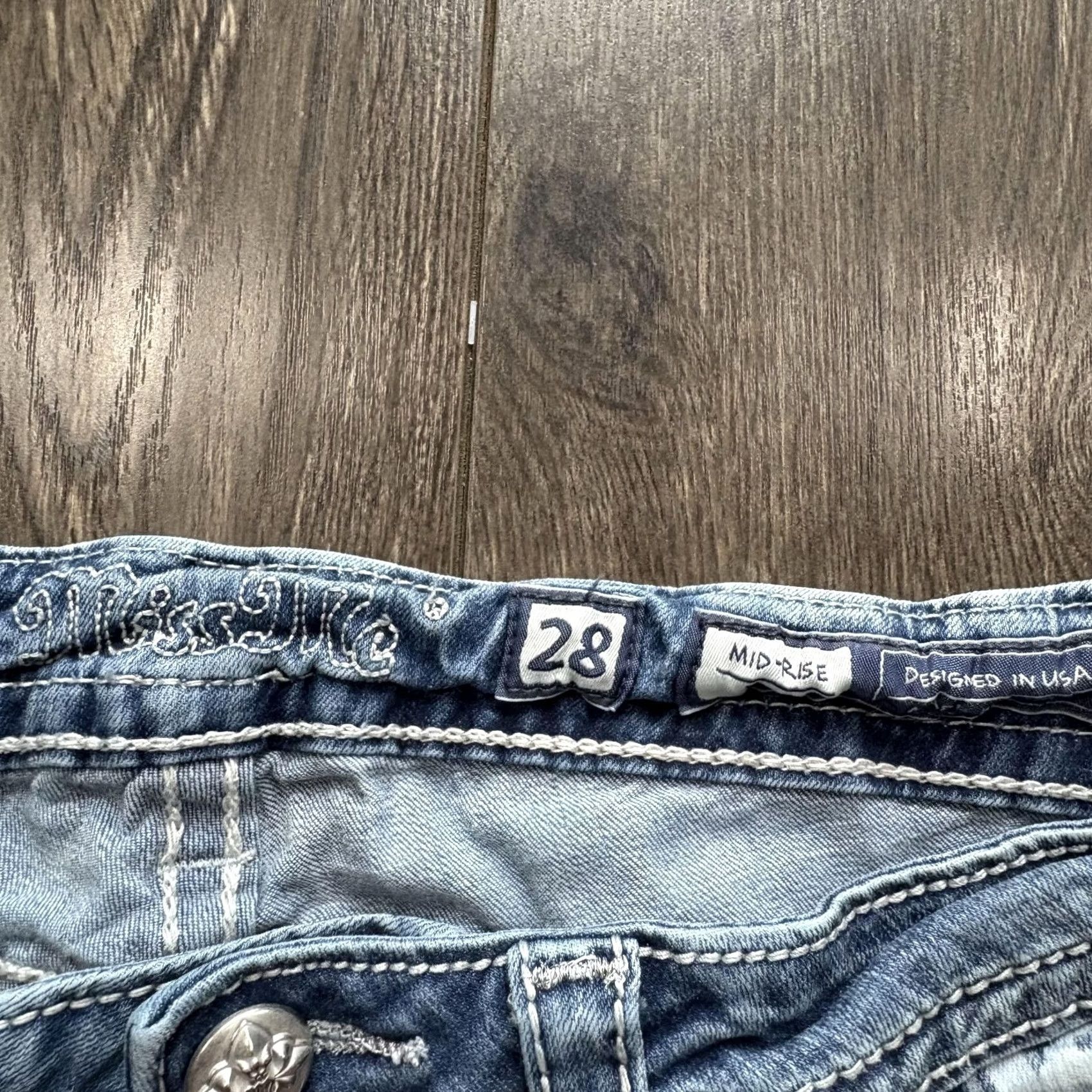 Miss Me Y2K Miss Me Bootcut Jeans Womens 28 Medium Wash Blue Raw Hem Rhinestone Denim Size 28" / US 6 / IT 42 - 5 Thumbnail