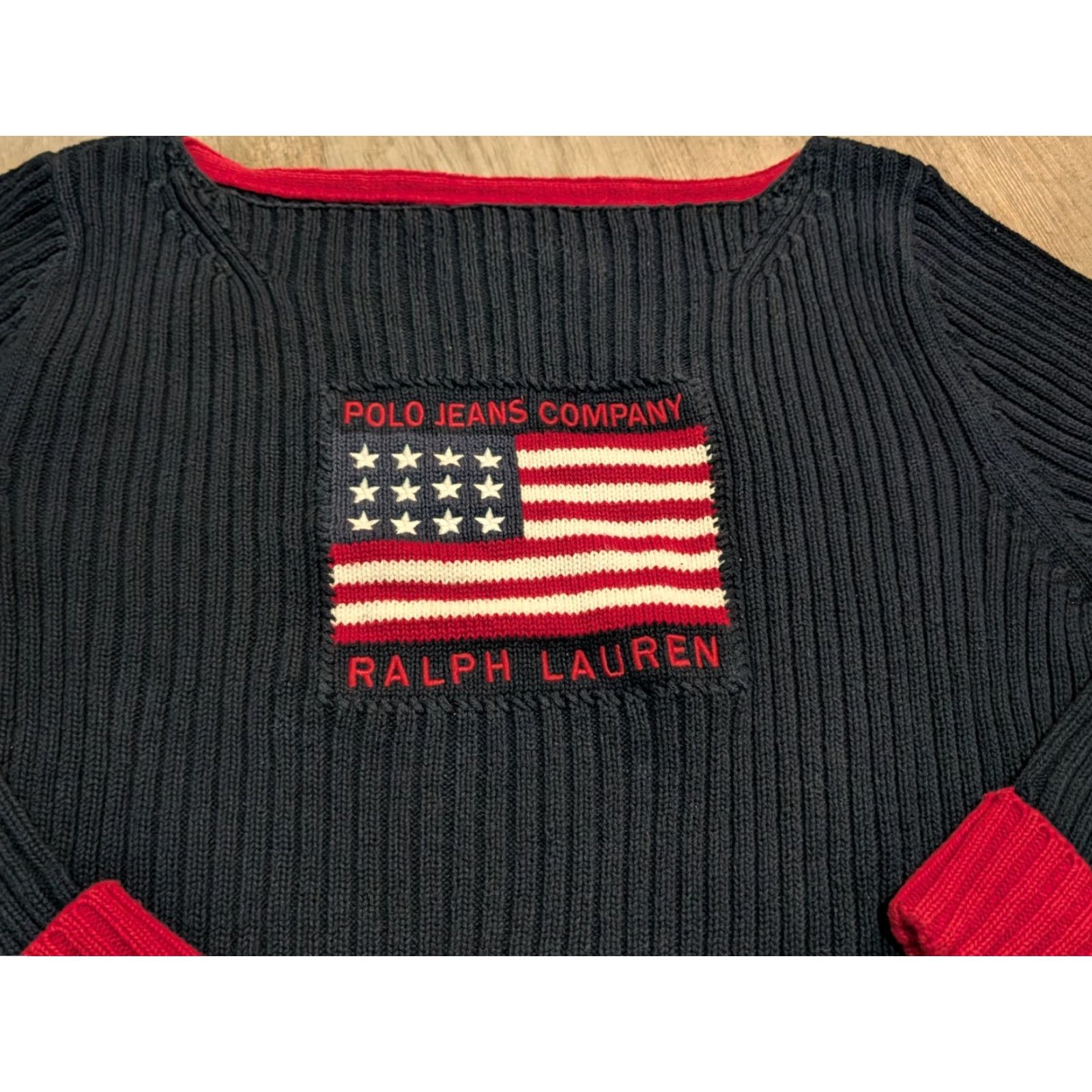 Ralph Lauren VINTAGE Ralph Lauren Jumper Women XL Navy Blue USA Flag 80s 90s Designer Pullover Knit Logo Embroidered Easy Care All Seasons Size XL / US 12-14 / IT 48-50 - 2 Thumbnail