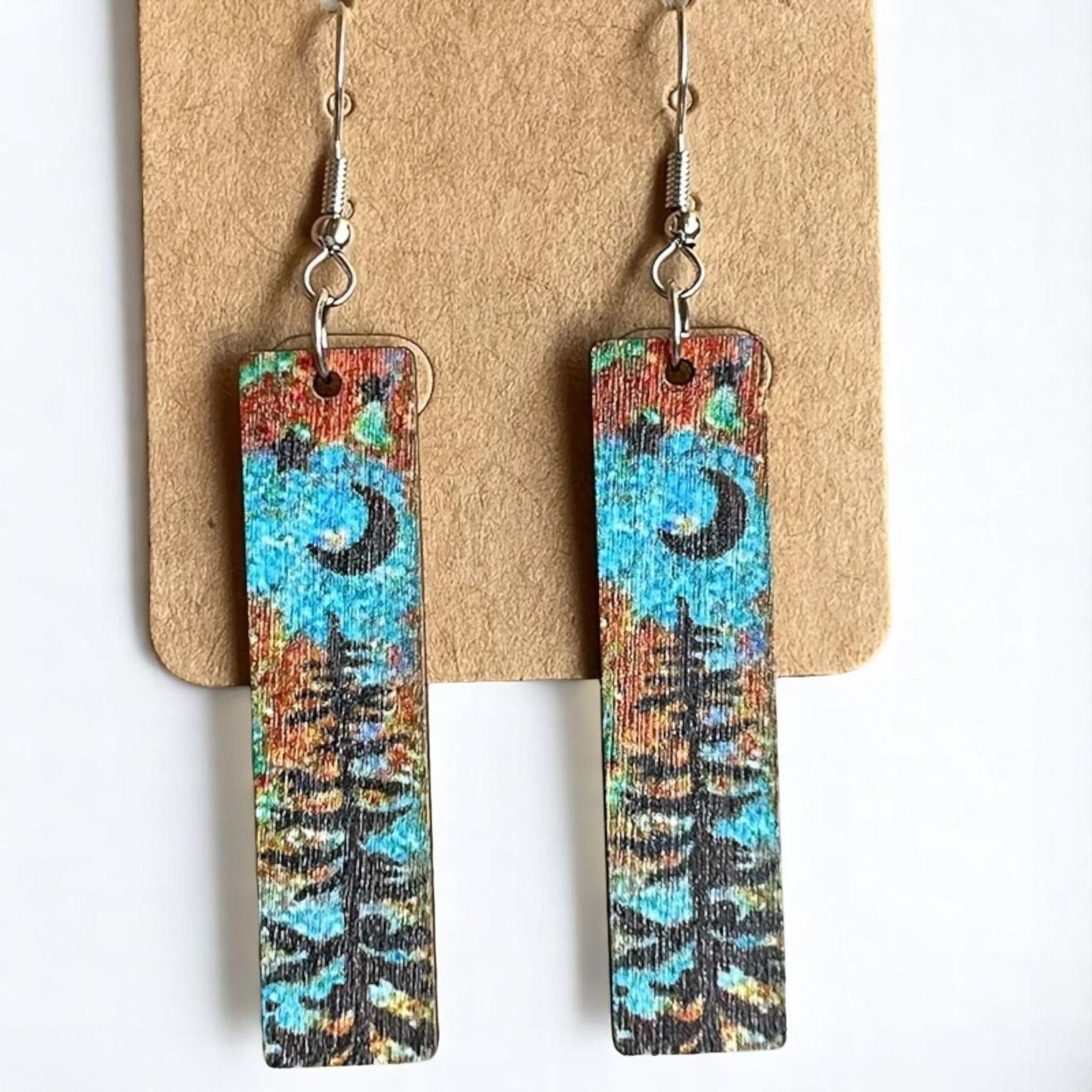 Other Rustic Wood Dangle Earrings Pine Tree Moon Stars Design New Size ONE SIZE - 1 Thumbnail
