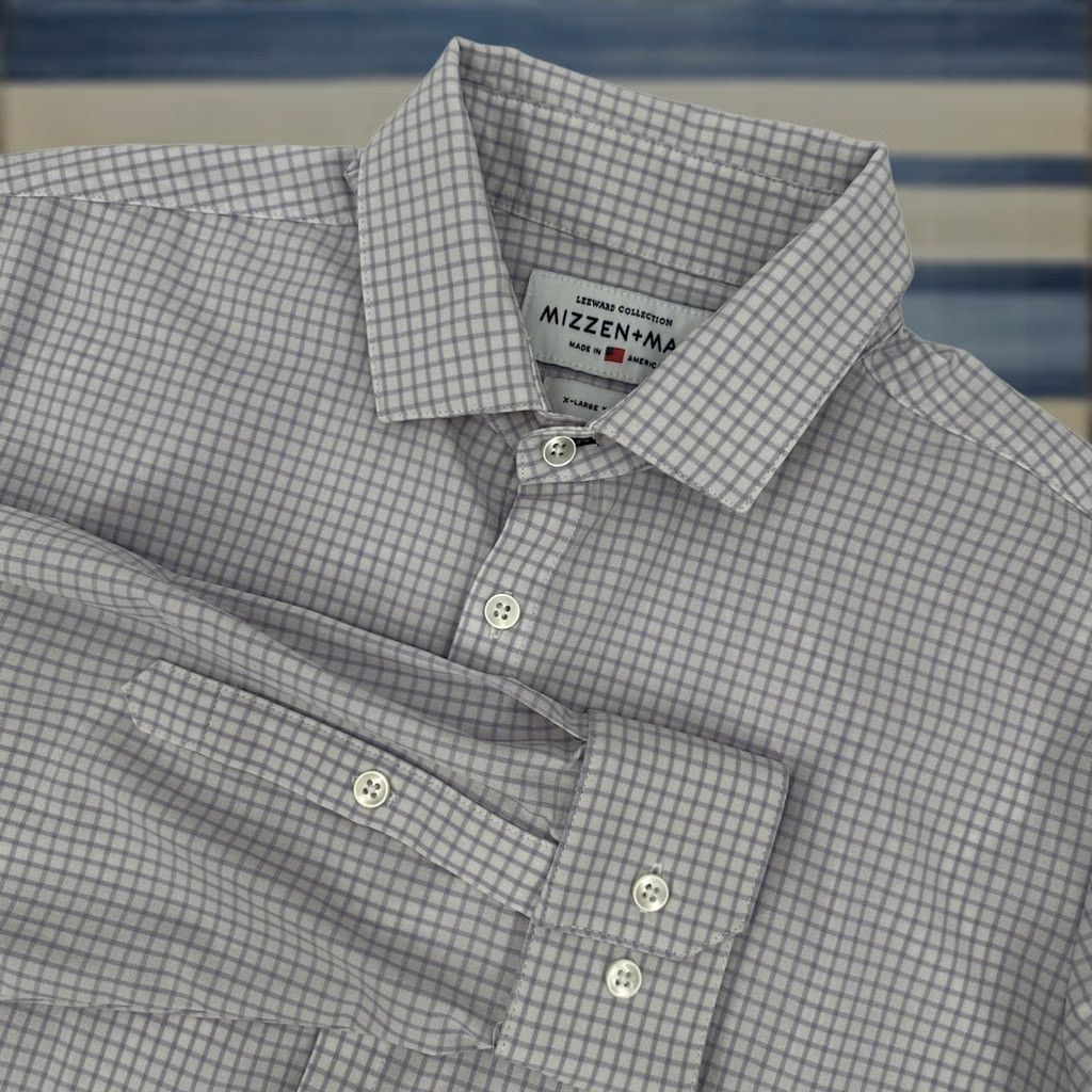 Mizzen+Main Mizzen+Main Leeward Dress Shirt Men XL Purple White Micro Check Stretch Size 46R - 1 Thumbnail