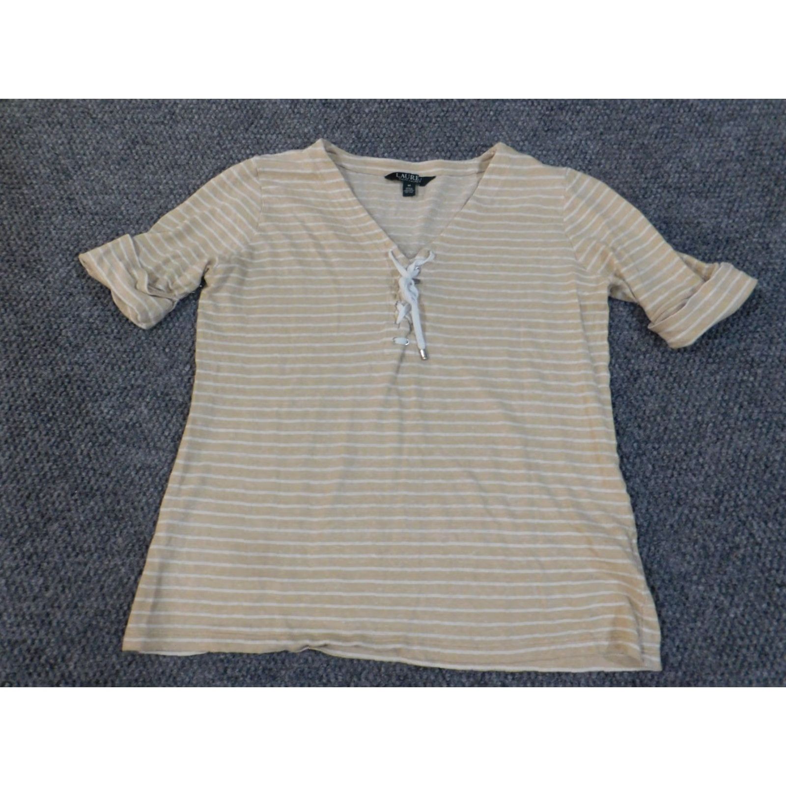 Ralph Lauren Lauren Ralph Lauren Blouse Shirt Womens Medium Beige Linen Striped Pullover Knit Cotton Round Neck Long Sleeve Size M / US 6-8 / IT 42-44 - 3 Thumbnail