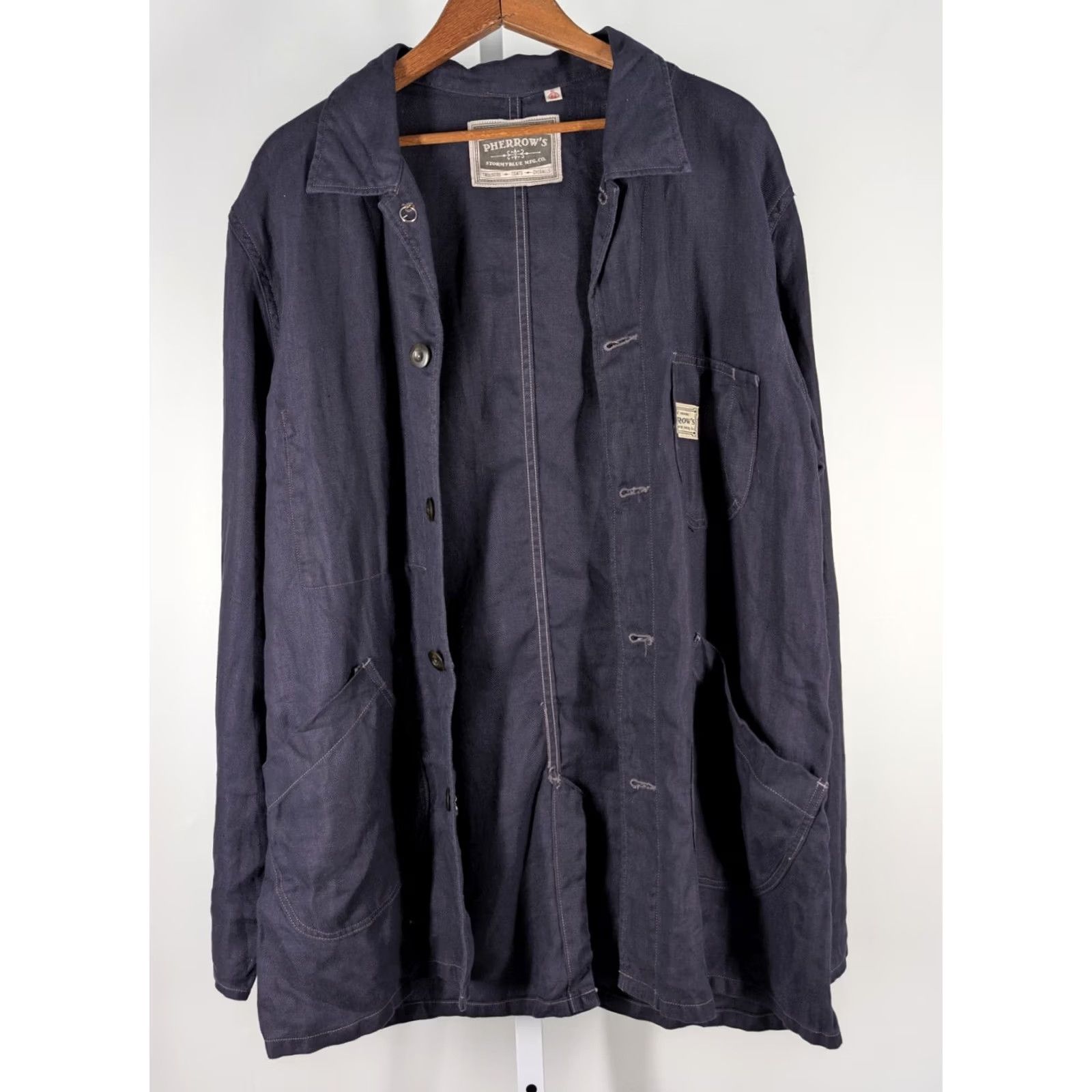 Vintage Pherrow's Stormy Blue Indigo Linen Twill Chore Coat XL NWT Japan Work Denim Jacket Mens XL Size US XL / EU 56 / 4 - 3 Thumbnail