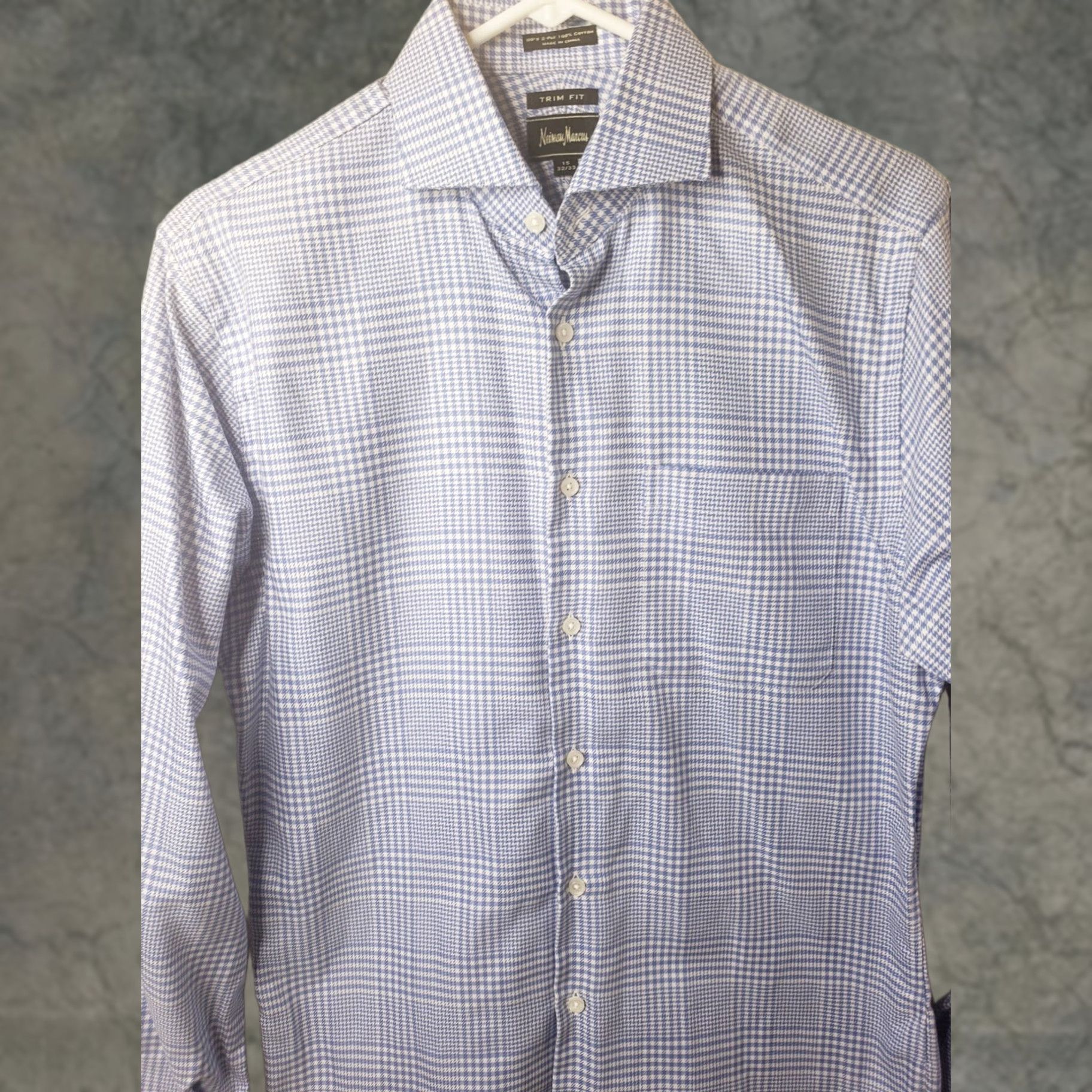 Neiman Marcus Neiman Marcus Shirt Mens 15 x 32/33 Light Blue White Plaid Trim Fit Long Sleeve Button Up 2Ply Dress Shirt Mens Shirts Size US M / EU 48-50 / 2 - 1 Thumbnail
