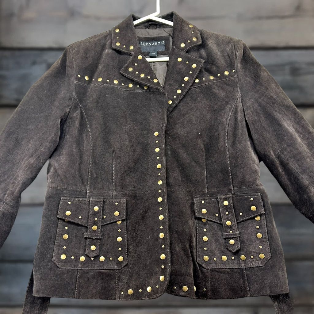 Vintage VINTAGE Bernardo Leather Coat Womens L Brown Suede Belted Long Overcoat Winter Fall Leather Lined Studded Belted Y2K How to Size L / US 10 / IT 46 - 1 Thumbnail