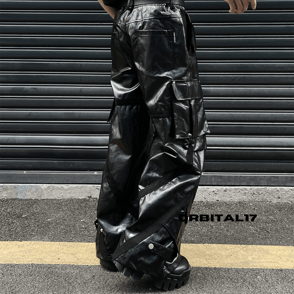 Leather Black Cargo Baggy Stacked Flare Faux Leather Jeans Size US 32 / EU 48 - 7 Thumbnail