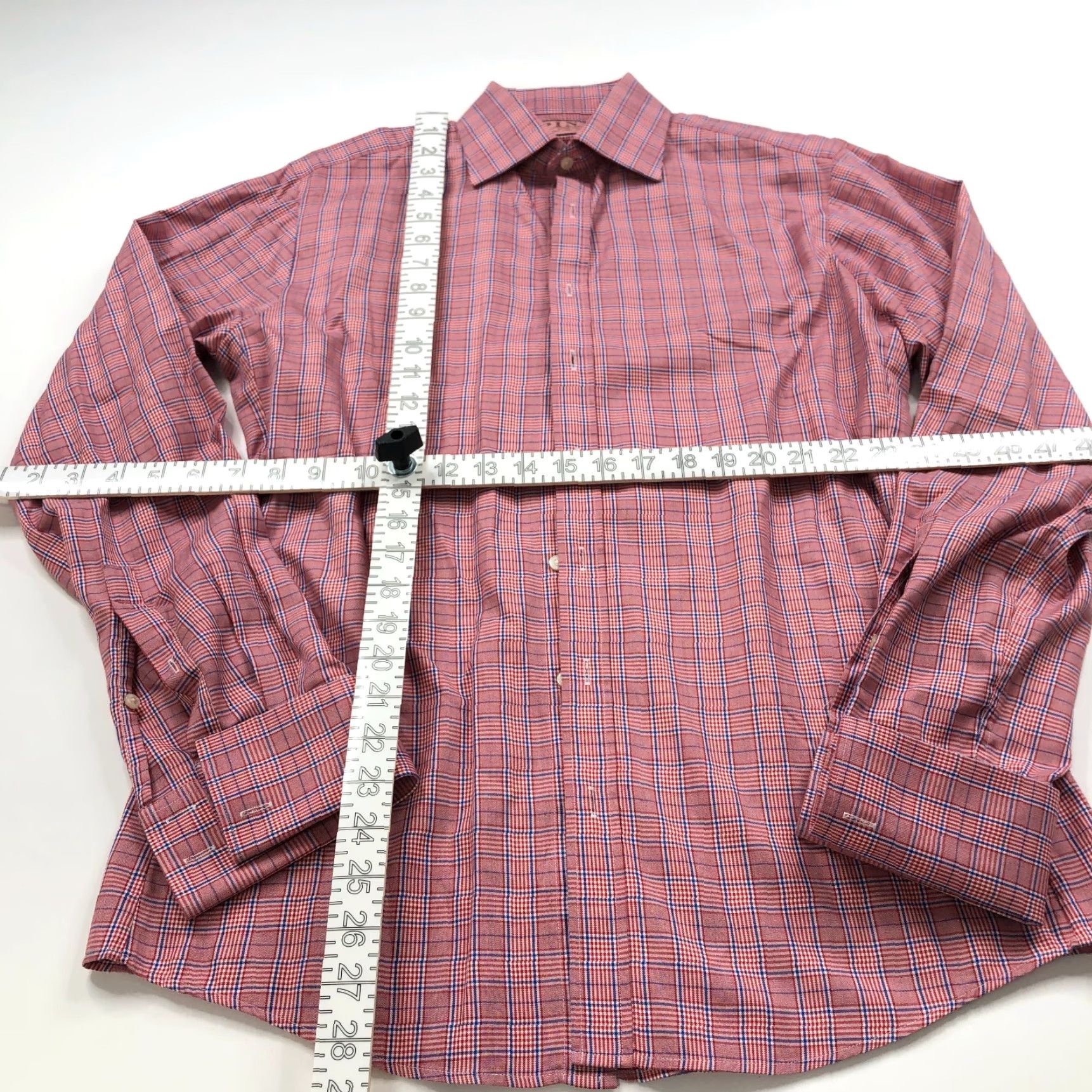 Pinko Thomas Pink Dress Shirt Plaid Red Pink LS 15/34.5 French Cuff 100% Cotton Mens Regular Modern Brand Shirt Size 42R - 3 Thumbnail