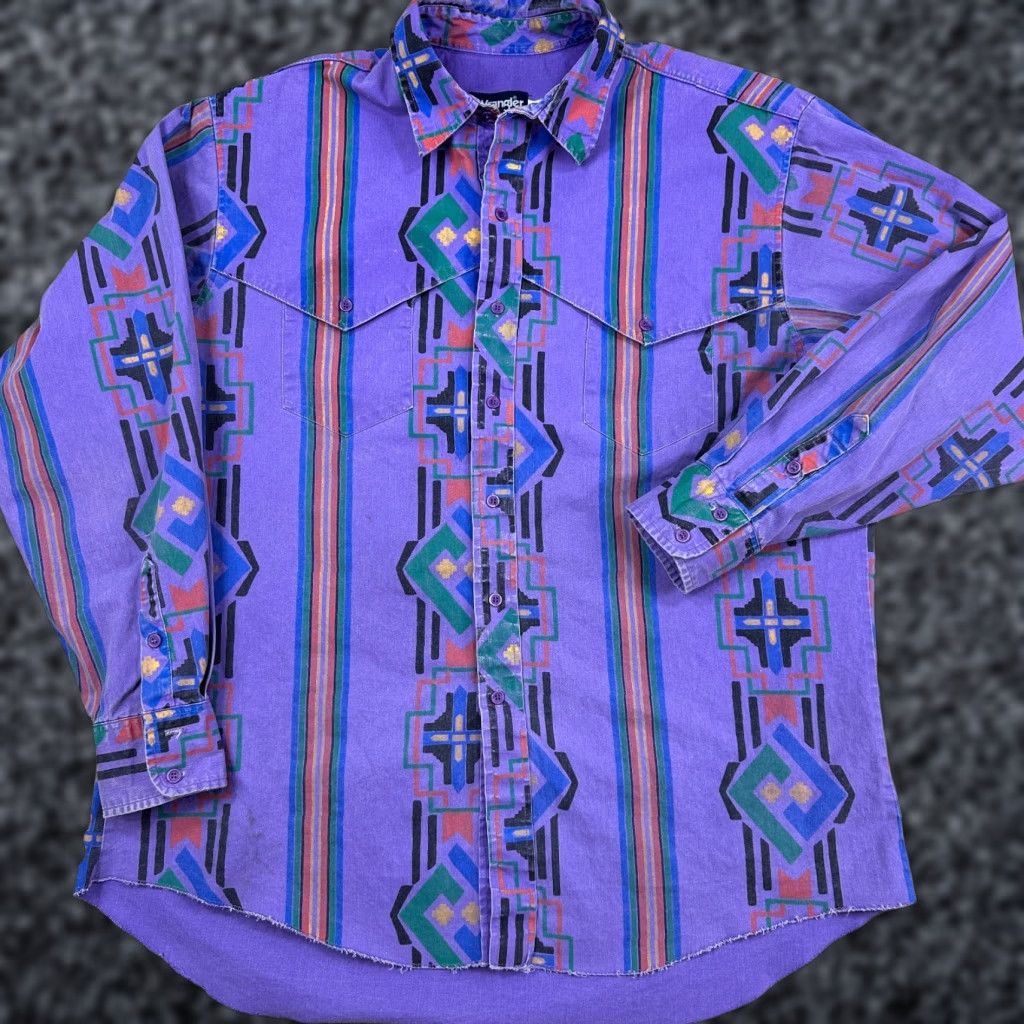 VINTAGE Wrangler Brushpopper Shirt Mens XL Purple Aztec Southwestern X Long Tails