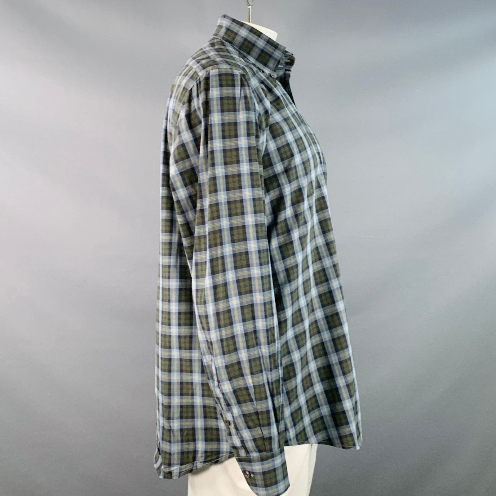 Luciano Barbera Size 44 Blue Olive Plaid Cotton One Pocket Long Sleeve Shirt Size US XL / EU 56 / 4 - 3 Thumbnail