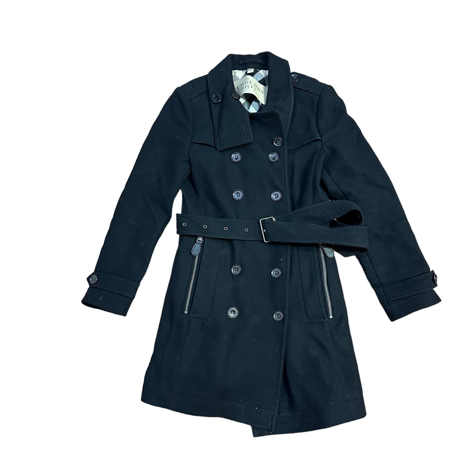 image of Burberry Brit Double Breasted Belted Virgin Wool Trench Coat in Black, Women's (Size Small)