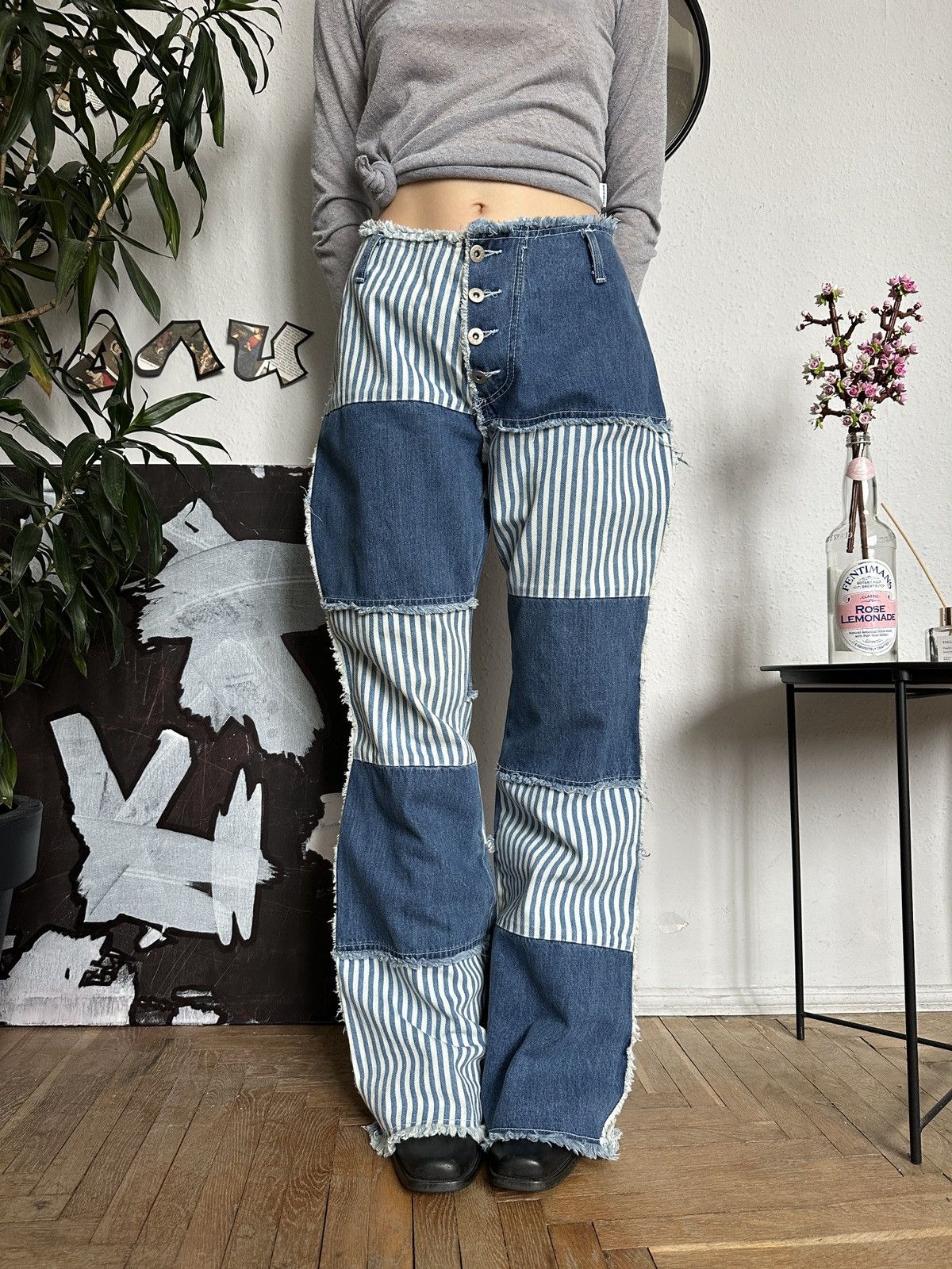 If Six Was Nine × Seditionaries Y2K Patchwork Denim Flared Baggy Stripe Jeans Size 32" / US 10 / IT 46 - 4 Thumbnail