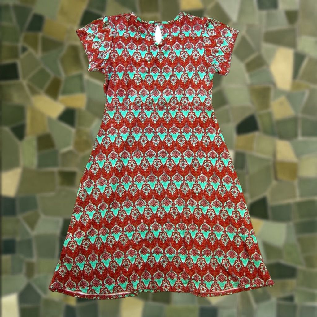 Vintage VINTAGE Za Zen Red Green Floral Short Sleeve Jersey Stretch Fit & Flare Midi Sun Dress L Size L / US 10 / IT 46 - 1 Thumbnail