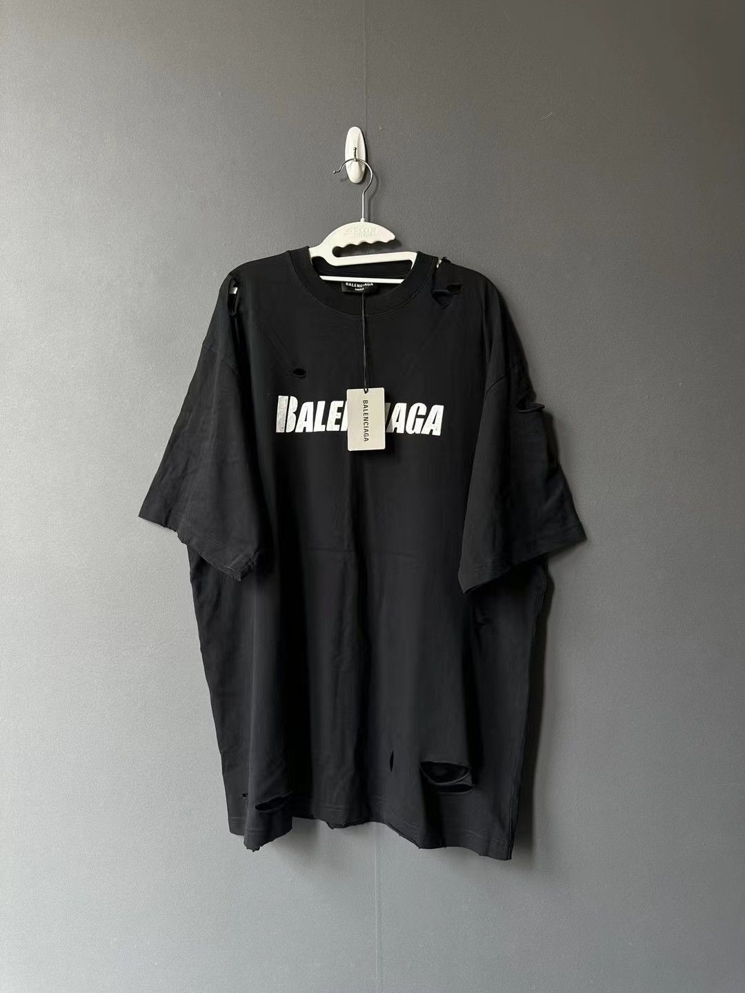 image of Balenciaga Boxy Logo Distressed Tee in Black, Men's (Size XS)