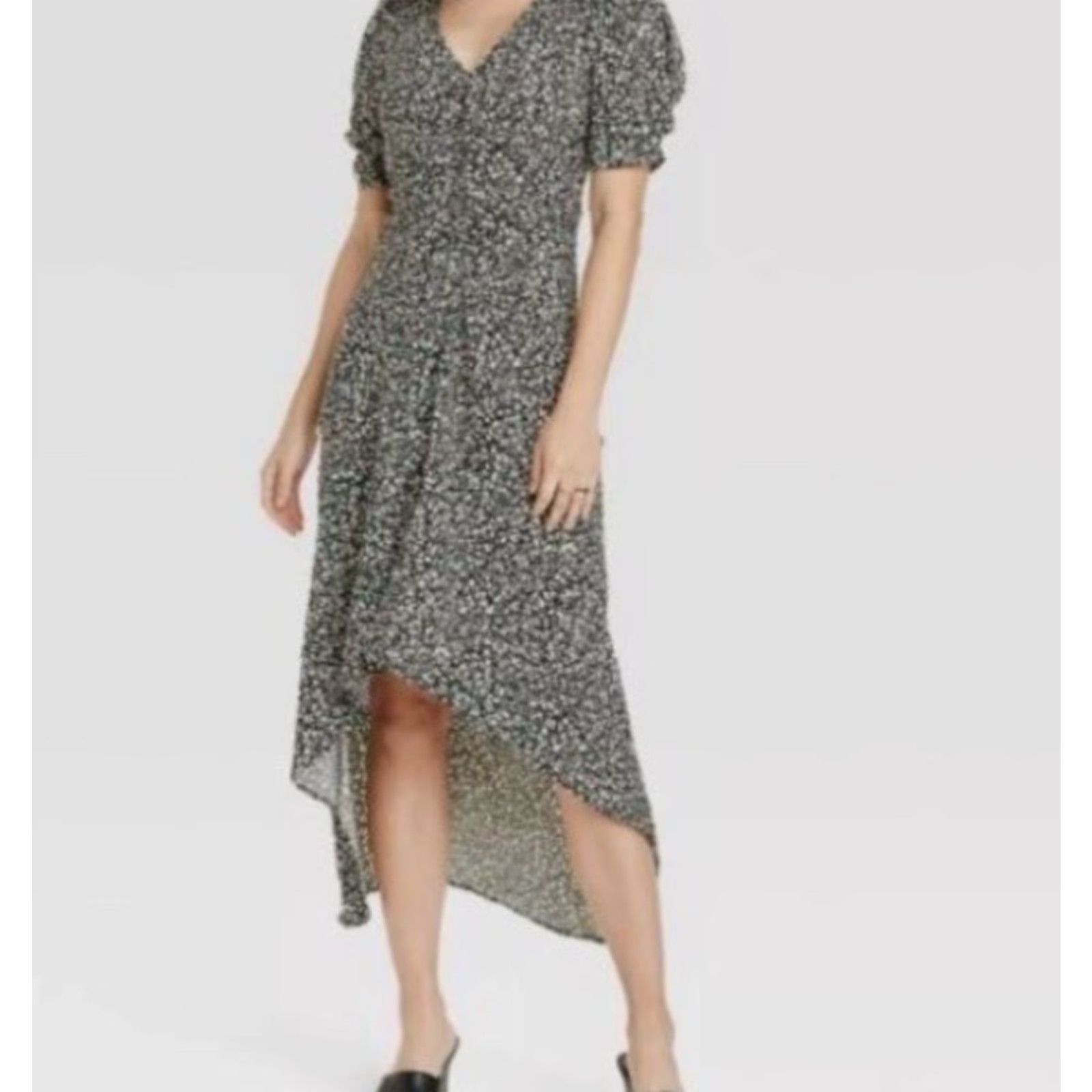 Vintage A New Day Crepe Short Sleeves Midi Dress Green Floral Hi Low Dress Sz S Boho Dress Size 28" / US 6 / IT 42 - 2 Thumbnail