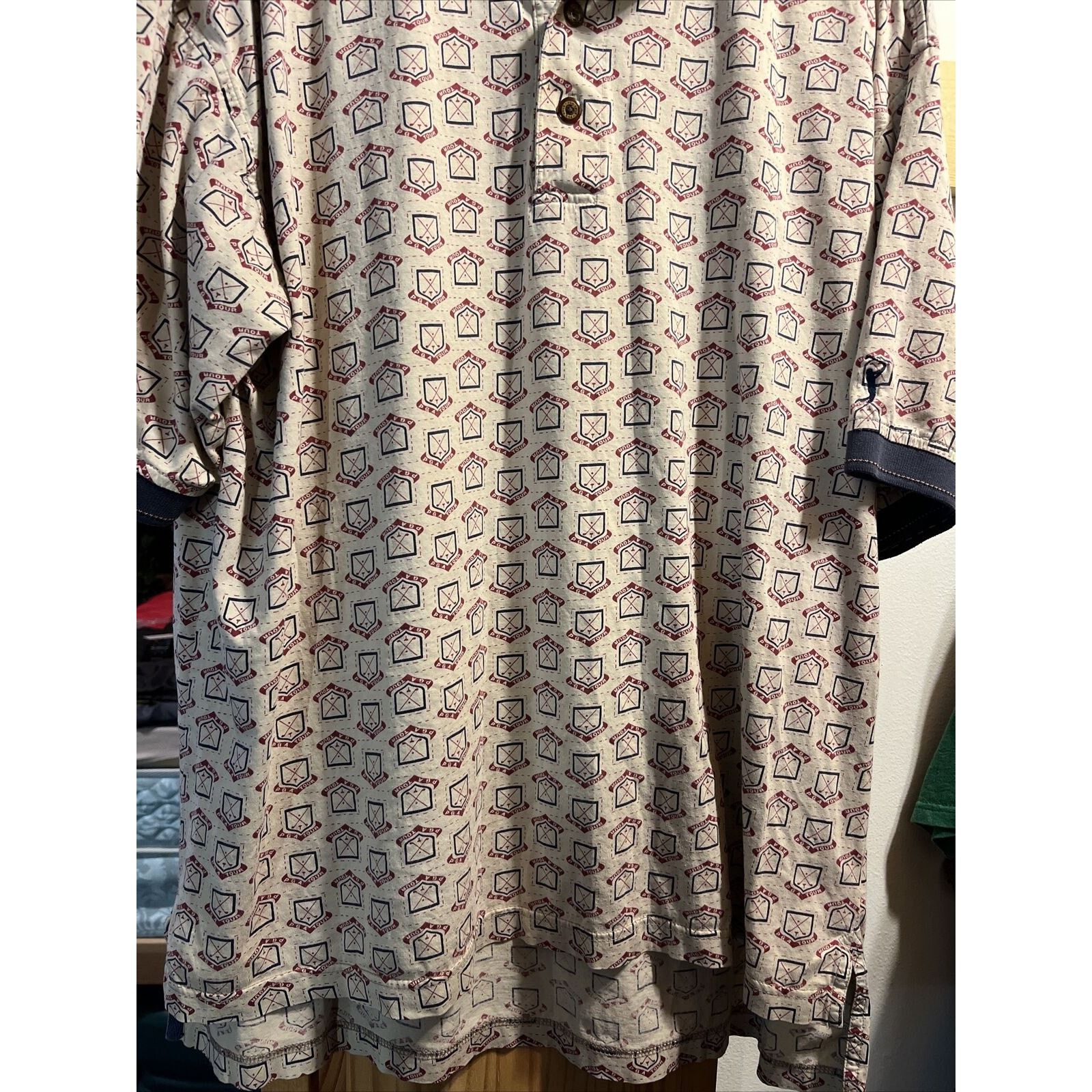 PGA Tour PGA Tour Men’s L Beige PGA Print Button Up Cotton Polo Shirt Size US L / EU 52-54 / 3 - 9 Thumbnail