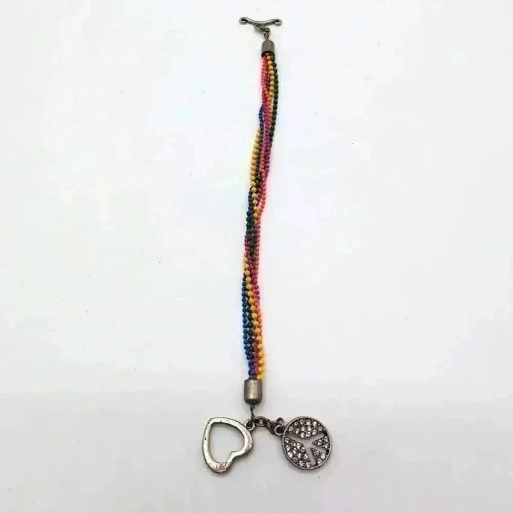 Vintage Rainbow Beaded Heart and Peace Sign Bracelet Size ONE SIZE - 1 Thumbnail