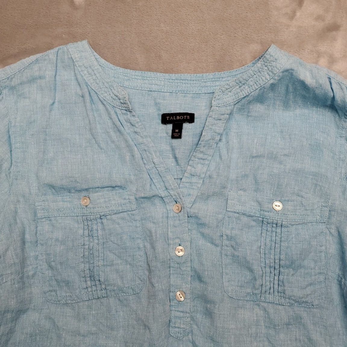 Talbots VINTAGE Talbots Shirt Womens M Blue Linen Band Collar Henley Beach Coastal Top Size M / US 6-8 / IT 42-44 - 3 Thumbnail