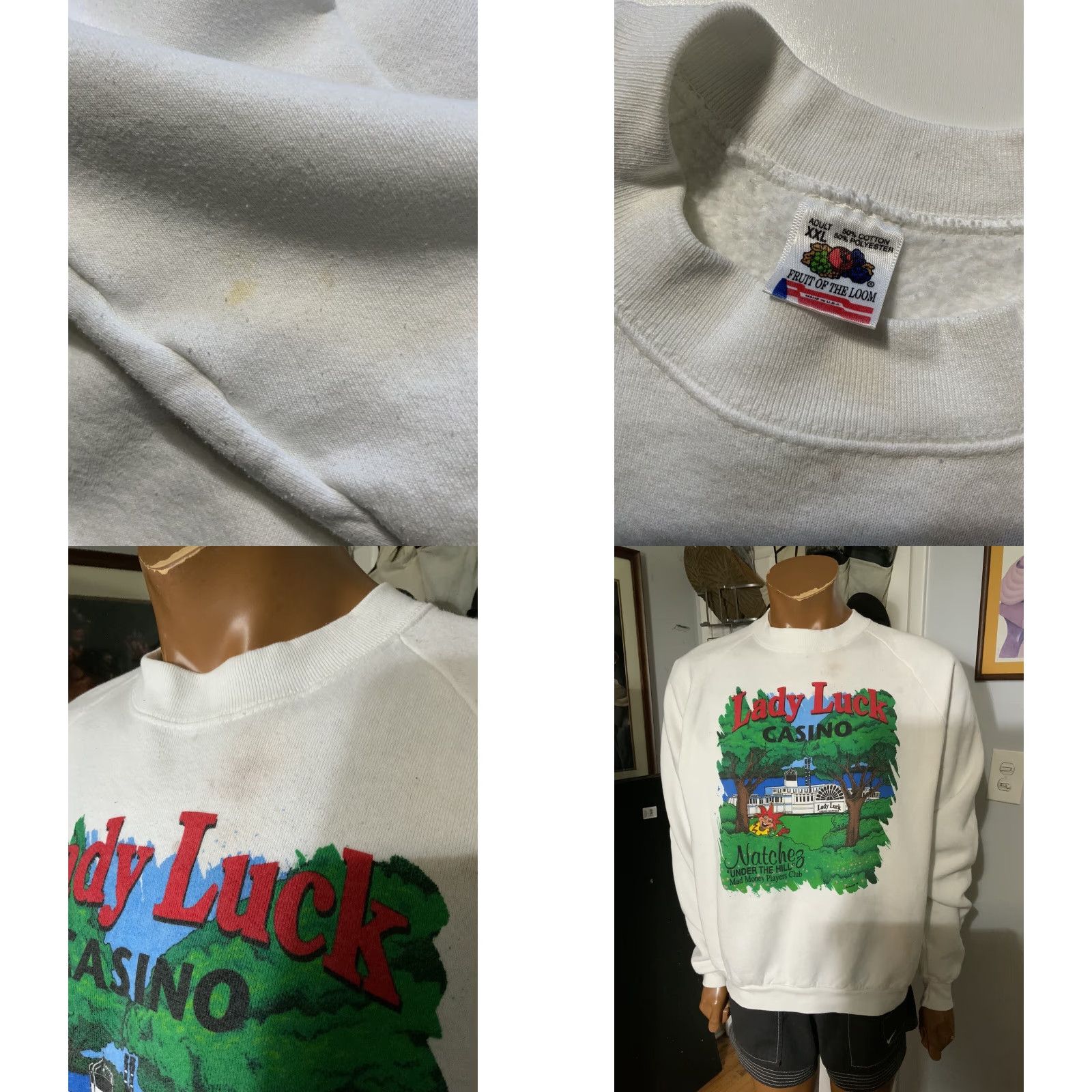Fruit Of The Loom VINTAGE Fruit Of The Loom Lady Luck Casino Natchez Mad Money Players Club Sweatshirt 2XL White Pullover Mens Size US XXL / EU 58 / 5 - 8 Thumbnail
