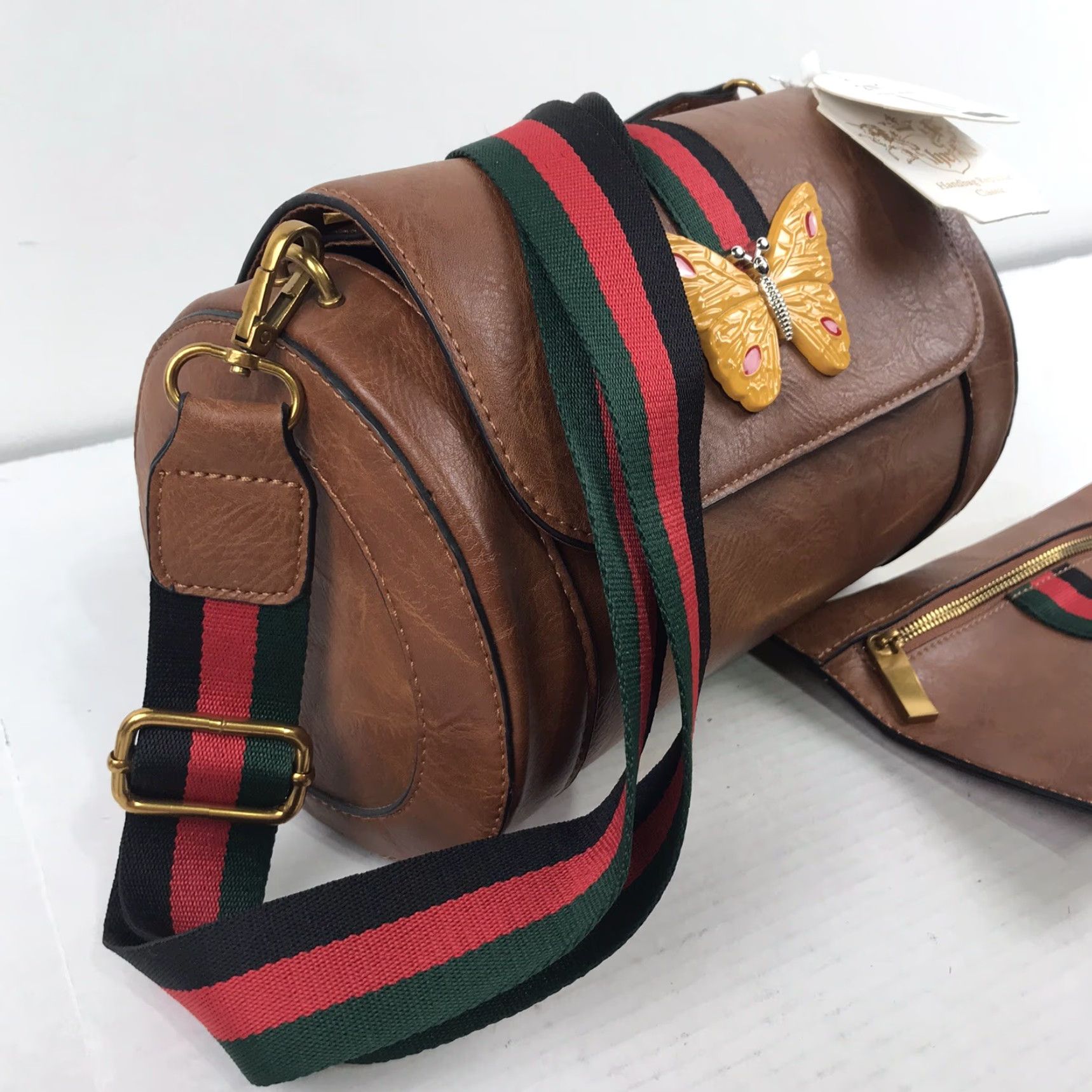 Vintage Handbag Republic Brown Faux Leather Medium Crossbody Bag with Matching Wallet, Adjustable Straps, Butterfly Appliqué, Casual/Party, Womens Size ONE SIZE - 2 Thumbnail