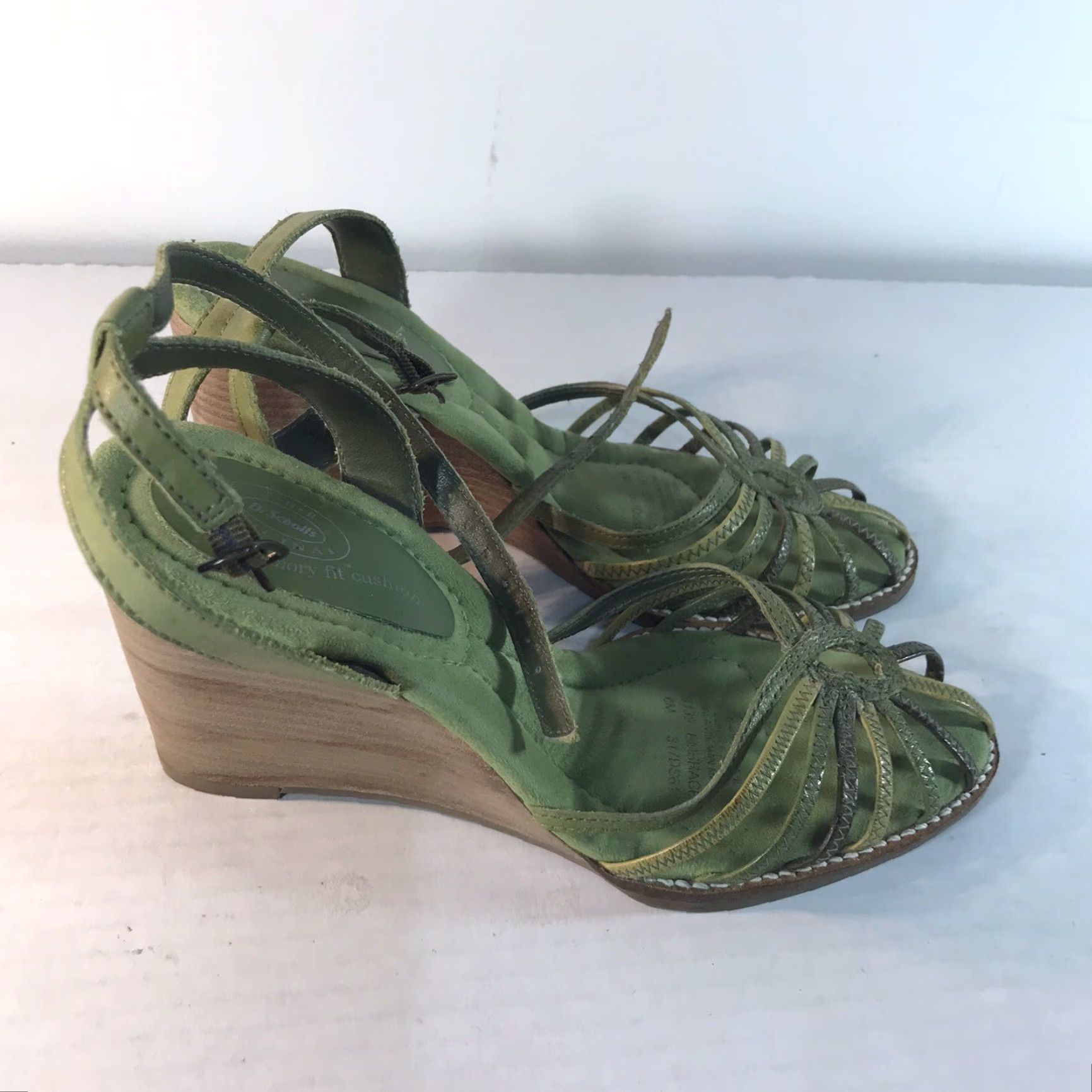 Vintage Dr. Scholl's Embrace Green Leather Strappy Wedge Sandals Womens Size 6M Size US 6 / IT 36 - 4 Thumbnail